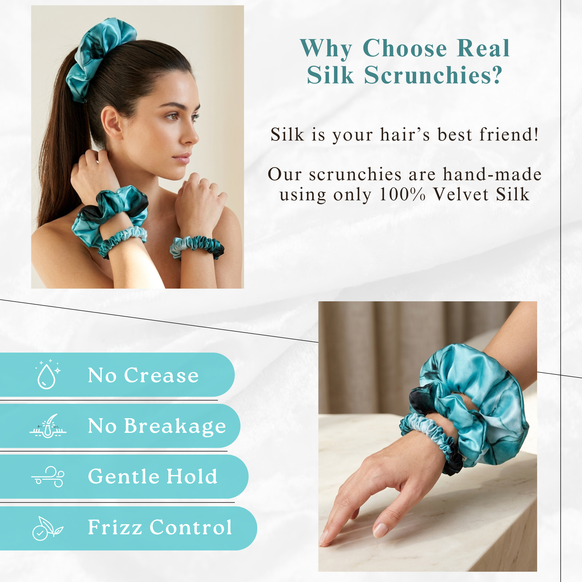 NOCHKA Dusty Turquoise Print of Silk Scrunchies – Ultra Thin, Skinny, Regular & Jumbo
