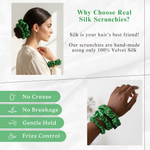 NOCHKA Christmas Lights on Green Print of Silk Scrunchies – Ultra Thin, Skinny, Regular & Jumbo
