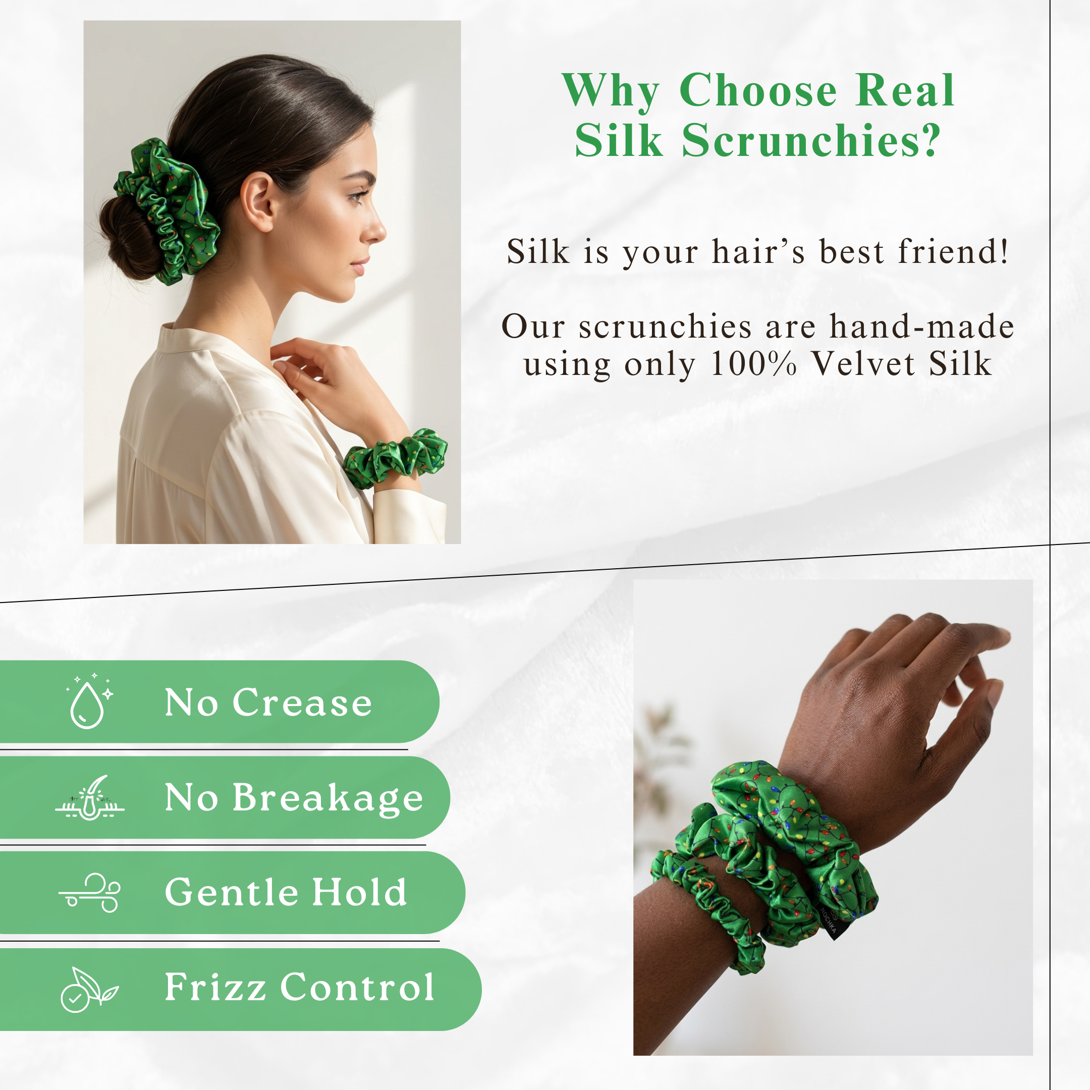 NOCHKA Christmas Lights on Green Print of Silk Scrunchies – Ultra Thin, Skinny, Regular & Jumbo
