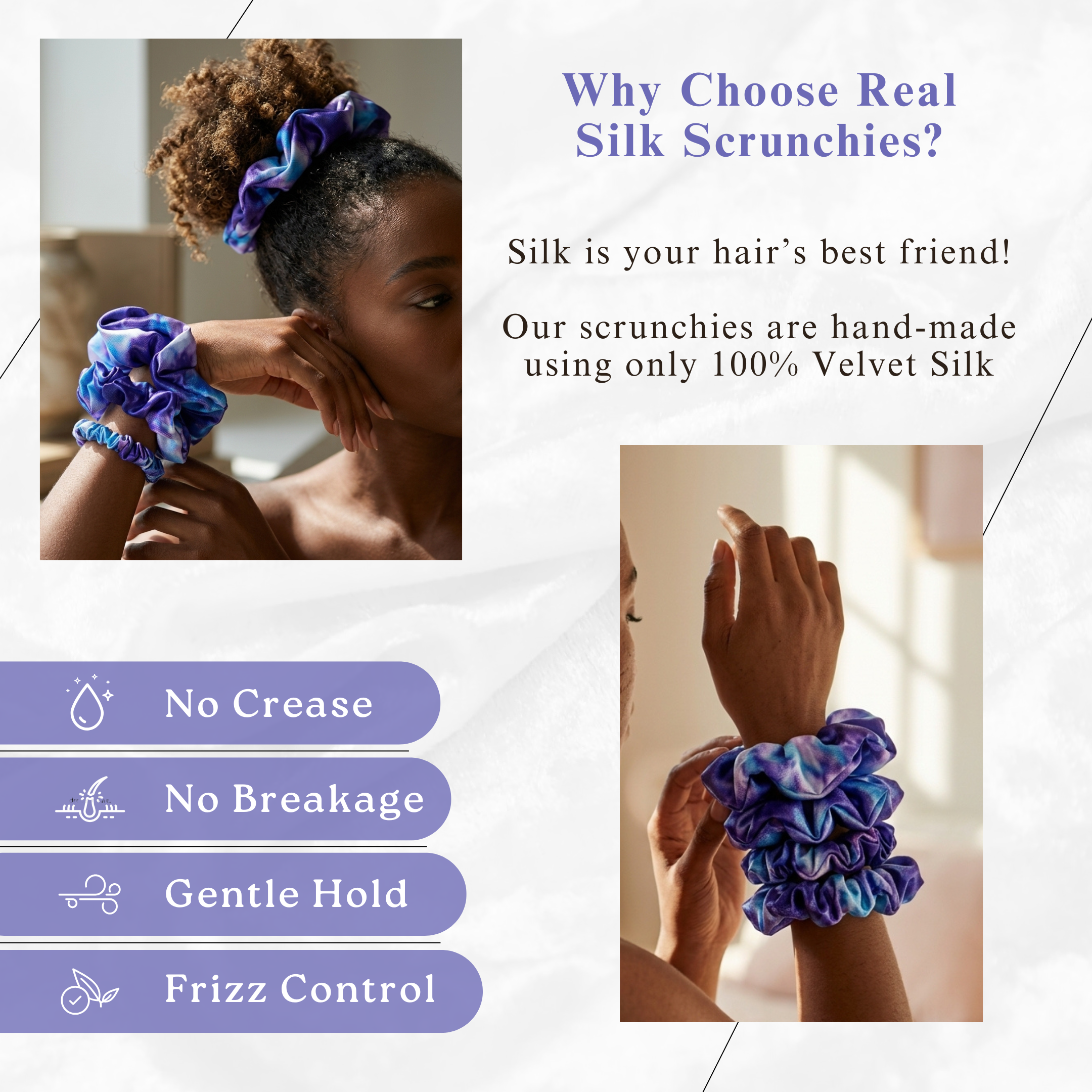 NOCHKA Purple Way Print of Silk Scrunchies – Ultra Thin, Skinny, Regular & Jumbo
