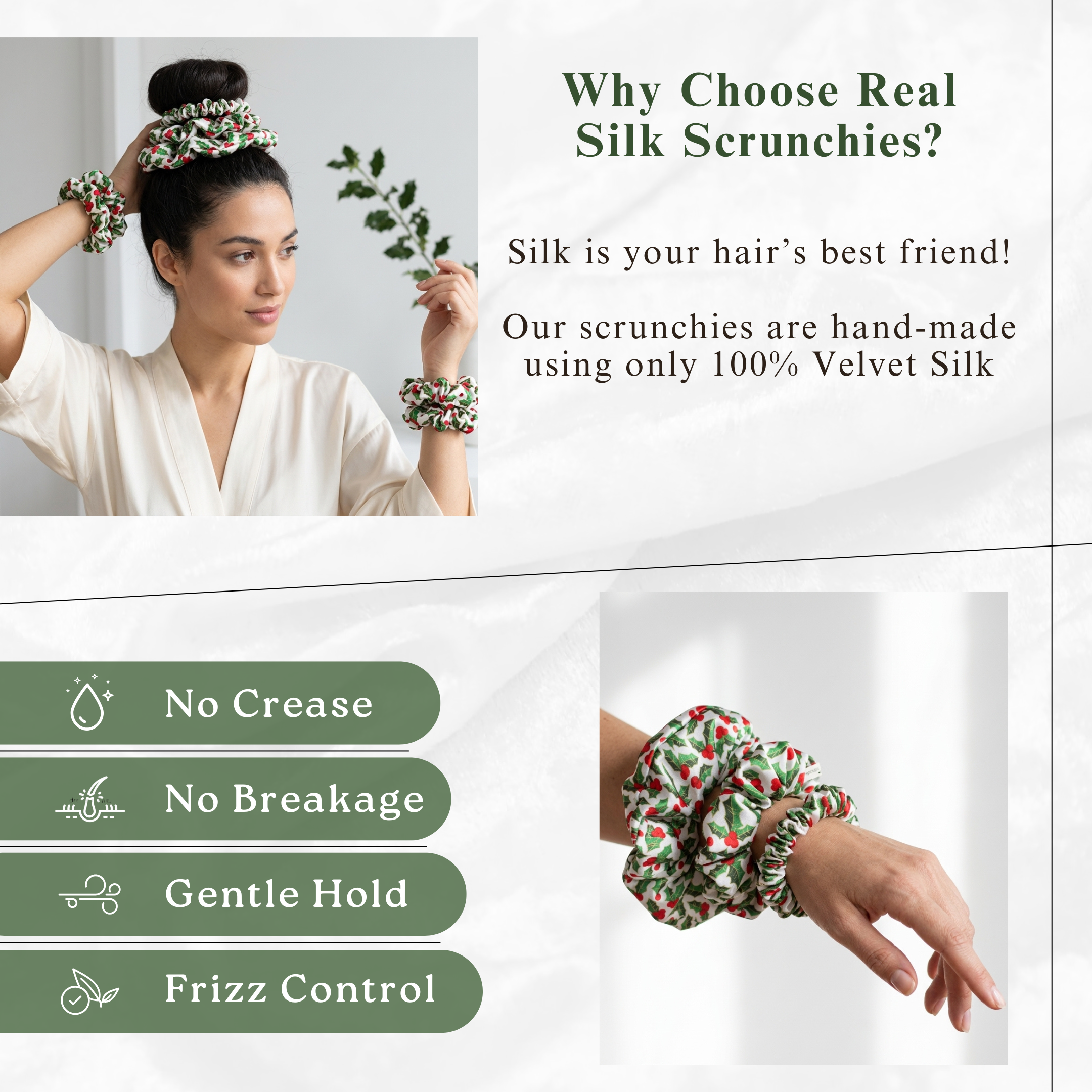 NOCHKA Mistletoe Print of Silk Scrunchies – Ultra Thin, Skinny, Regular & Jumbo
