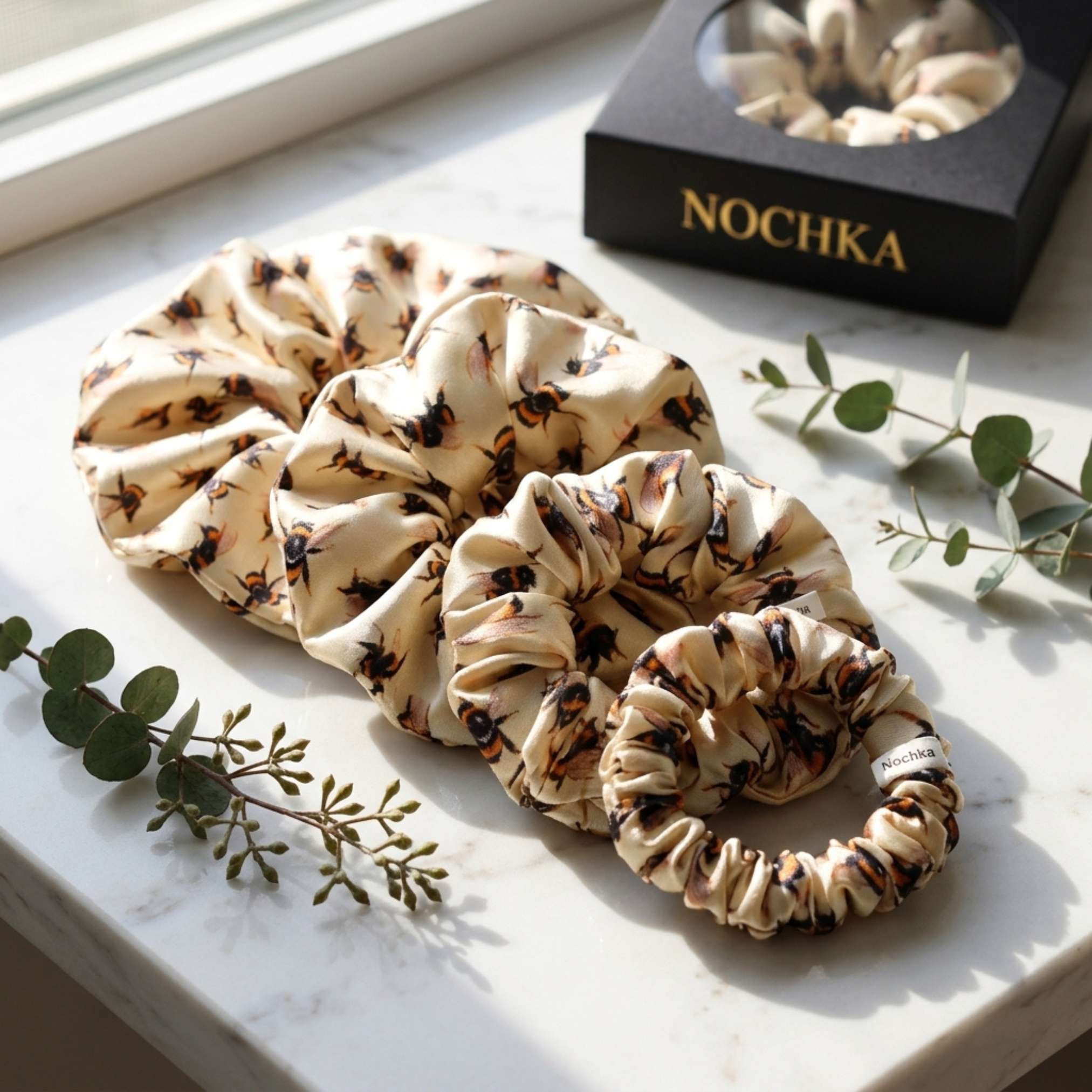 NOCHKA Bee's Print of Silk Scrunchies – Ultra Thin, Skinny, Regular & Jumbo
