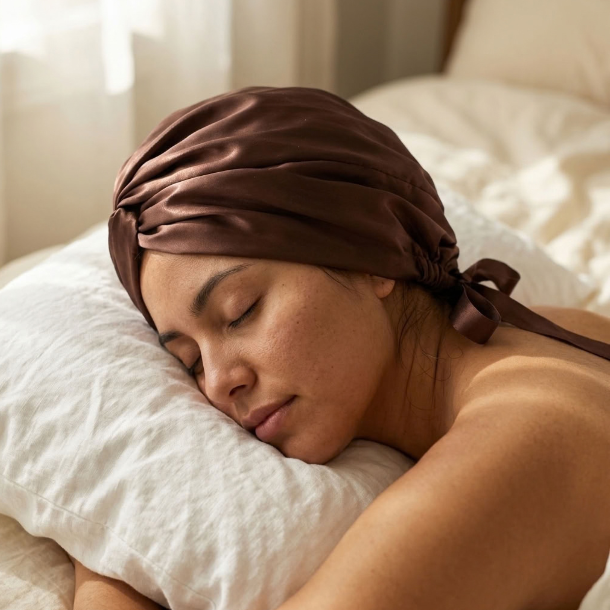 Latte Mulberry Silk Turban Bonnet with Thin Ties
