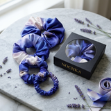 NOCHKA Lavender Indigo Print of Silk Scrunchies – Ultra Thin, Skinny, Regular & Jumbo
