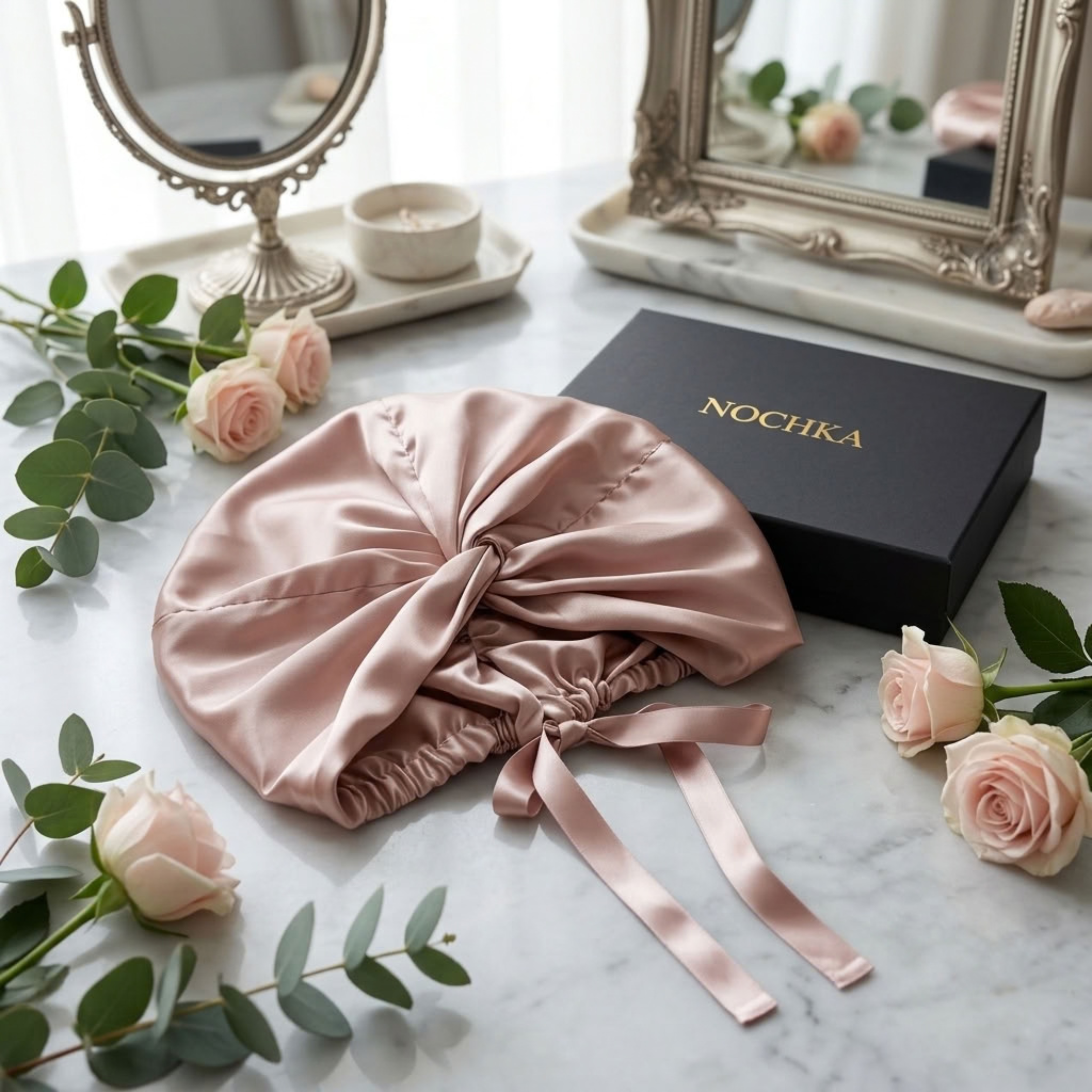 Pink Mulberry Silk Turban Bonnet with Thin Ties
