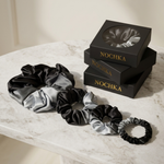 NOCHKA Black Gradient Print of Silk Scrunchies – Ultra Thin, Skinny, Regular & Jumbo
