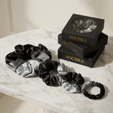 NOCHKA Black Gradient Print of Silk Scrunchies – Ultra Thin, Skinny, Regular & Jumbo
