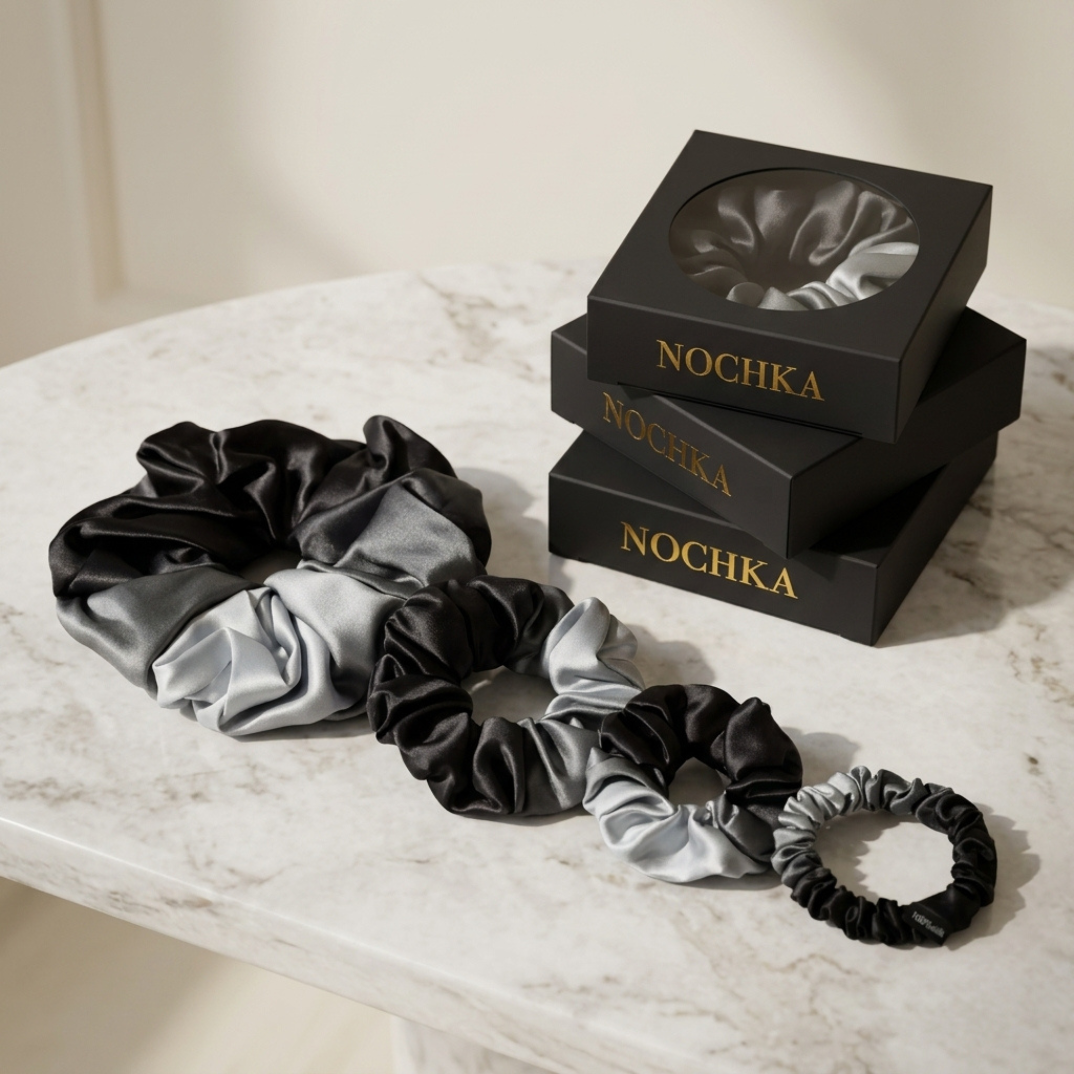 NOCHKA Black Gradient Print of Silk Scrunchies – Ultra Thin, Skinny, Regular & Jumbo
