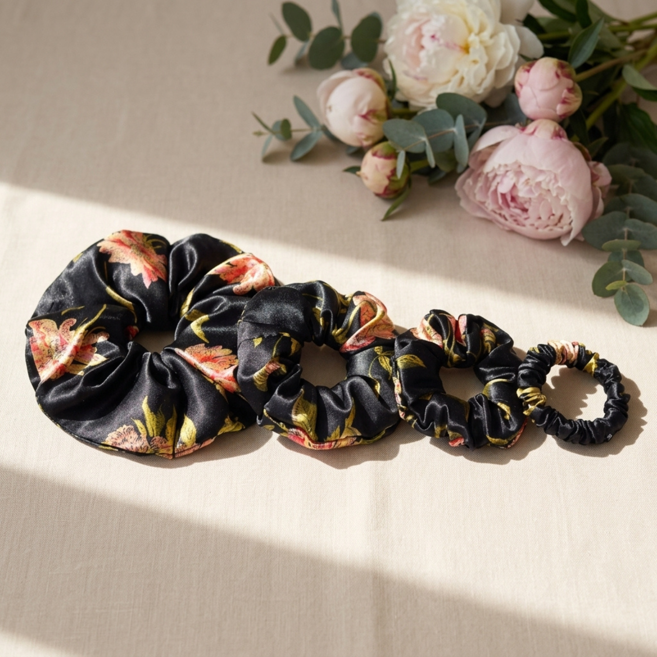 NOCHKA Wild Rose Print of Silk Scrunchies – Ultra Thin, Skinny, Regular & Jumbo
