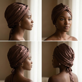 Latte Mulberry Silk Turban Bonnet with Thin Ties
