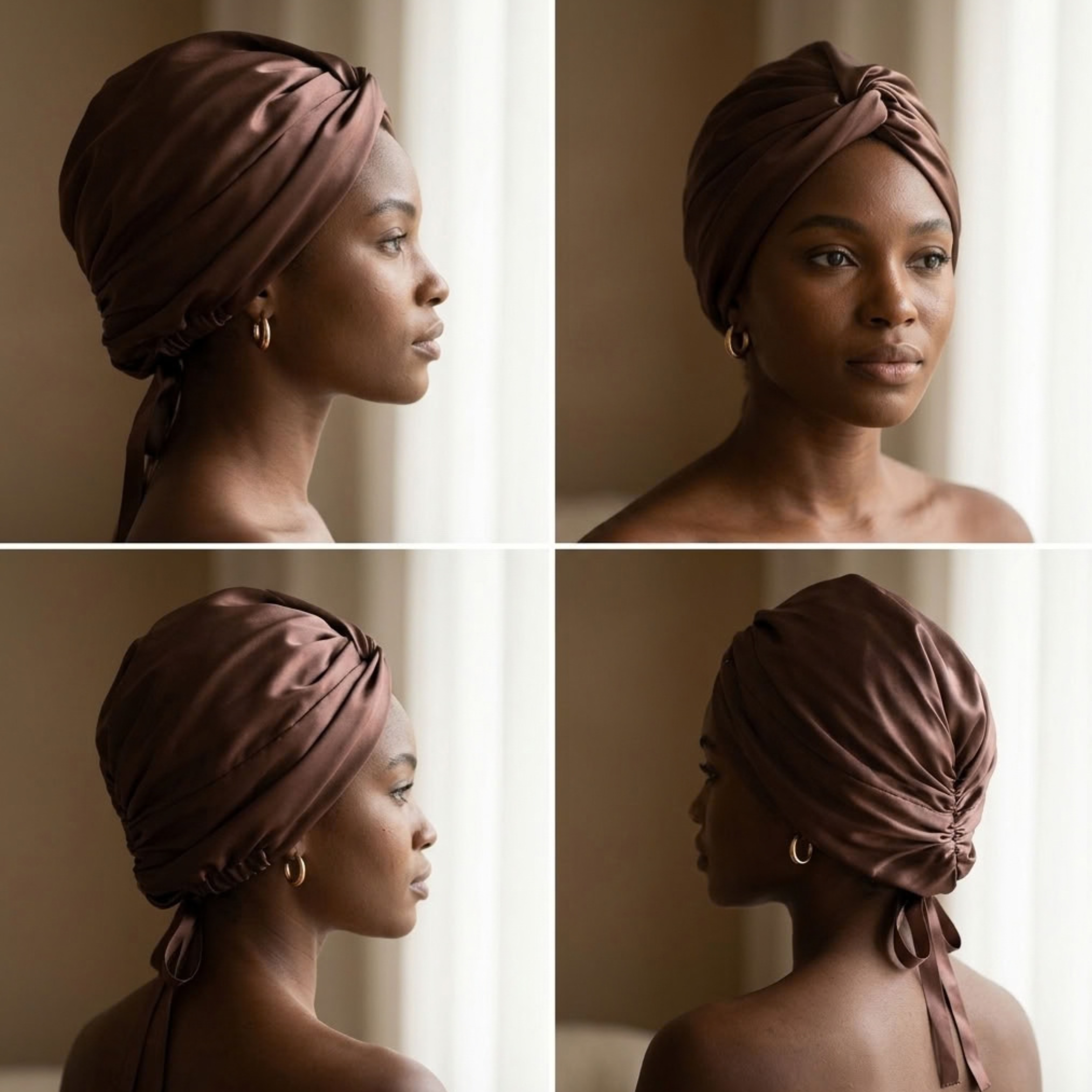 Latte Mulberry Silk Turban Bonnet with Thin Ties
