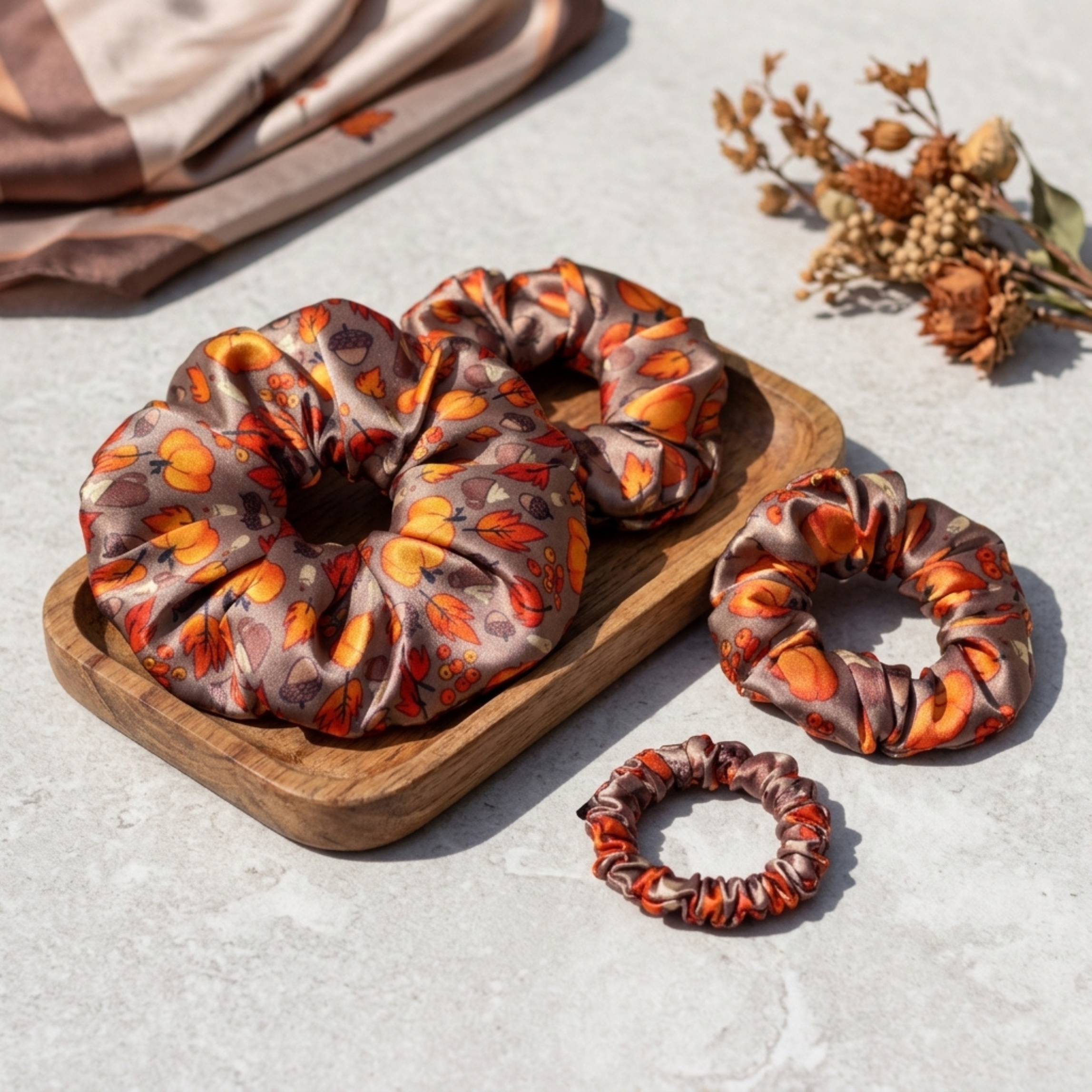 NOCHKA Fall Theme Print of Silk Scrunchies – Ultra Thin, Skinny, Regular & Jumbo
