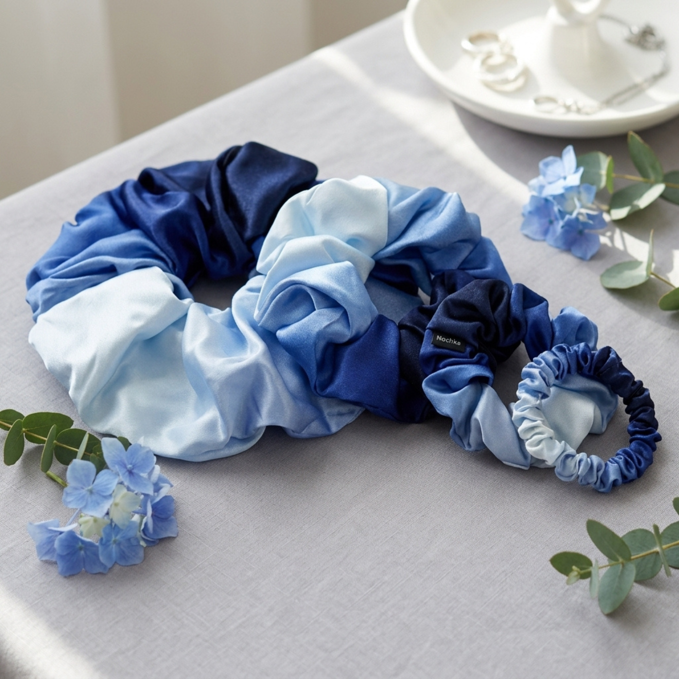 NOCHKA Blue Gradient Print of Silk Scrunchies – Ultra Thin, Skinny, Regular & Jumbo
