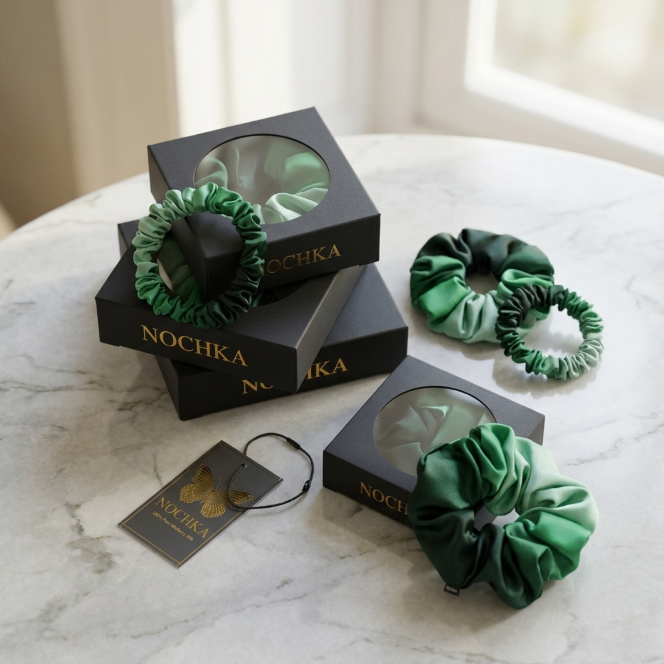 NOCHKA Green Gradient Print of Silk Scrunchies – Ultra Thin, Skinny, Regular & Jumbo
