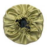 Chartreuse and black reversible 100% mulberry silk bonnet with elastic band, double-layer, smooth glossy finish
