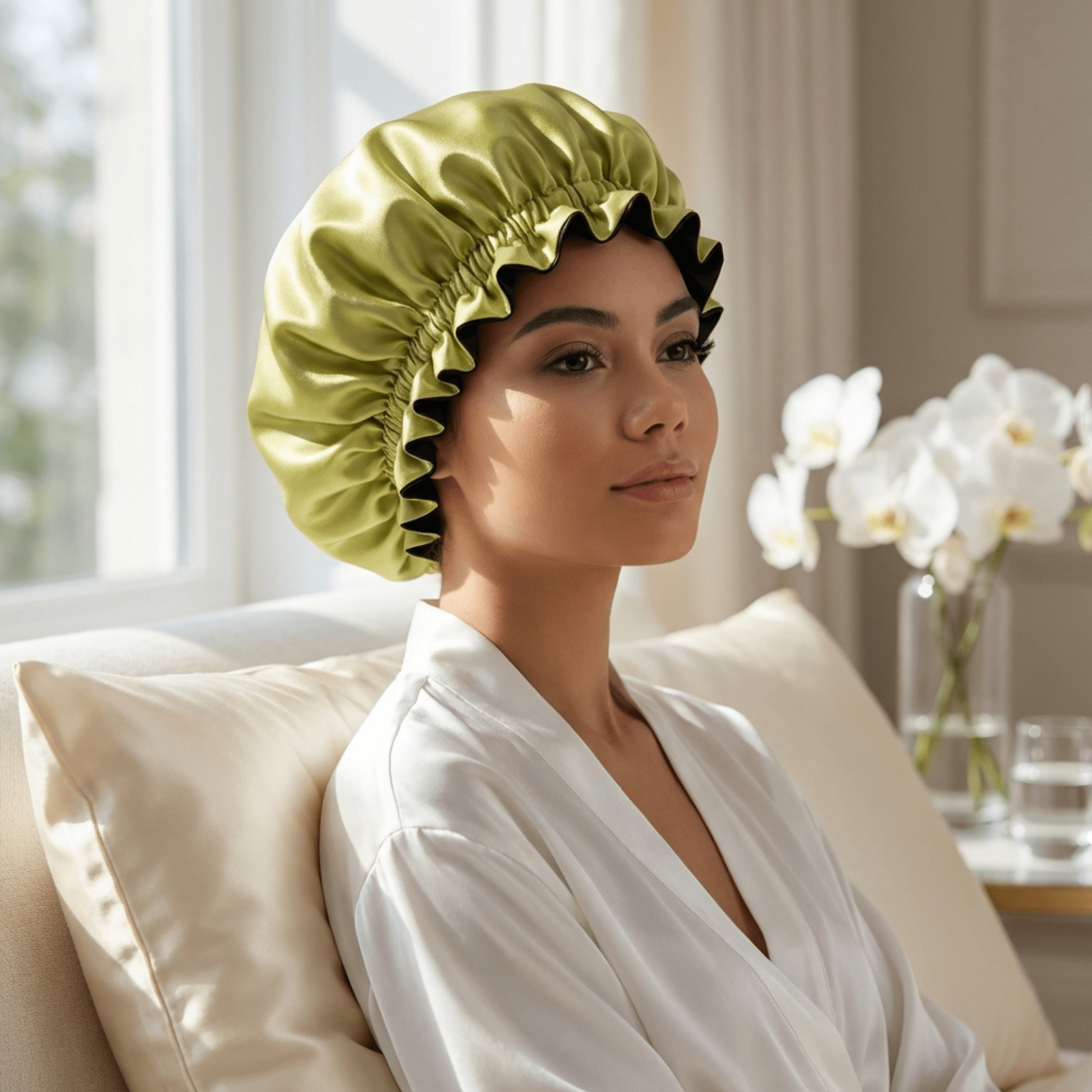 Woman wearing chartreuse and black mulberry silk bonnet for hair protection while relaxing at home
