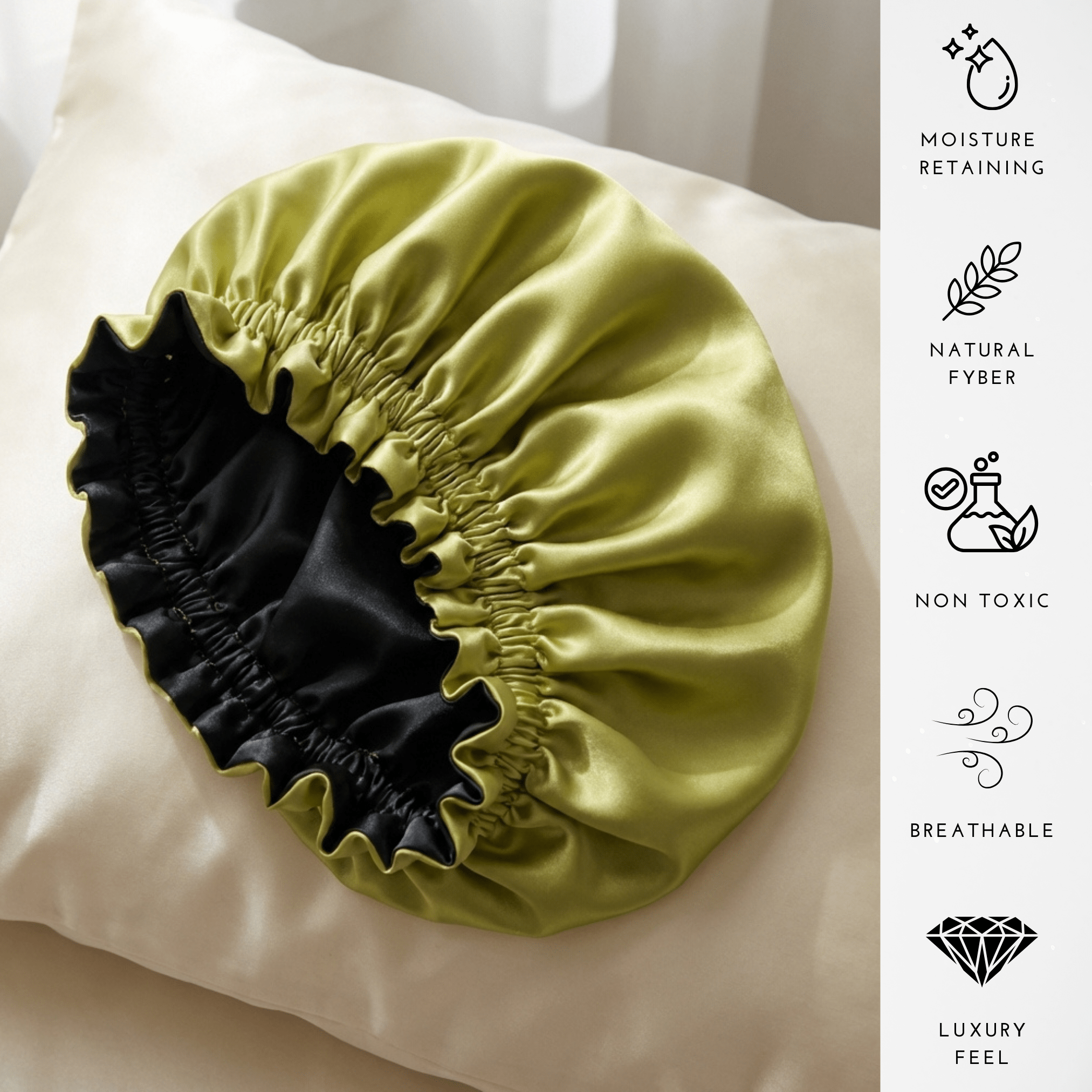 Close-up of chartreuse and black silk bonnet showing soft elastic band and gathered edge
