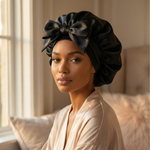 Solid black reversible mulberry silk bonnet with ties, smooth double-layer design for overnight hair protection
