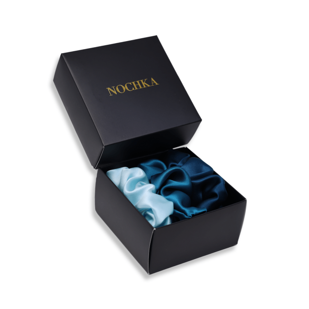 Aqua Shades of 3 Regular Mulberry Silk Scrunchies | 100% Silk - NOCHKA

