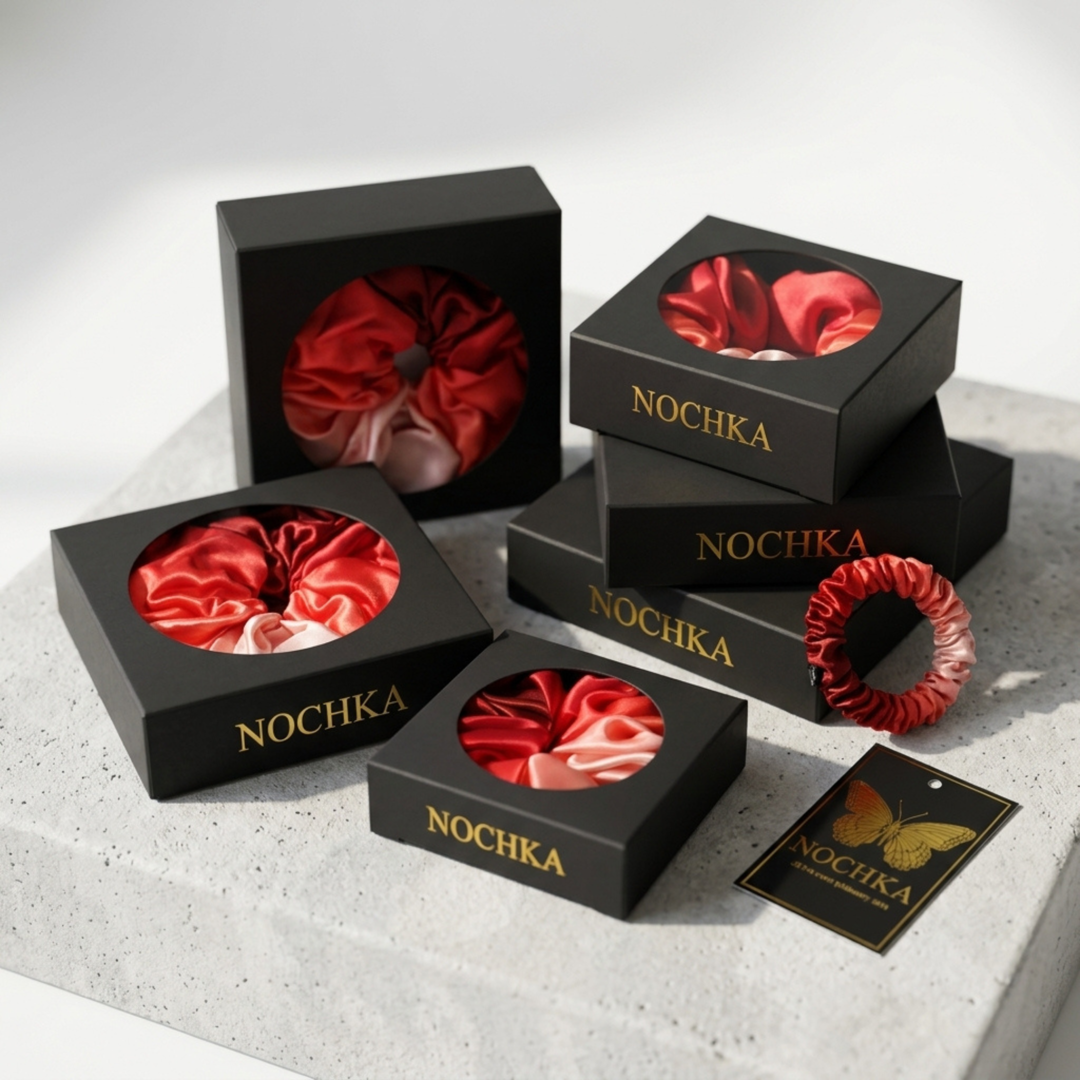 NOCHKA Red Gradient Print of Silk Scrunchies – Ultra Thin, Skinny, Regular & Jumbo
