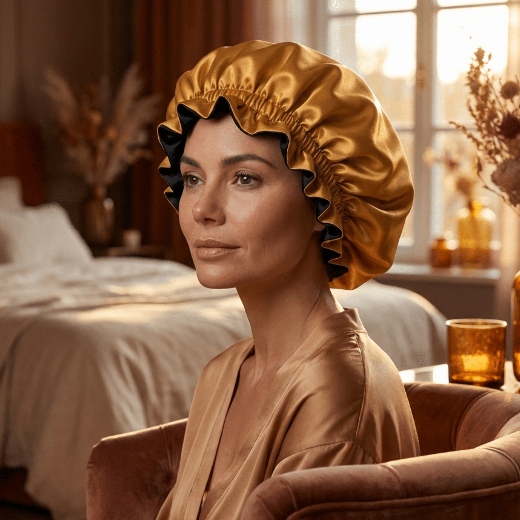 Autumn Blaze & Black Pure Mulberry Silk Bonnet – Reversible & Durable - NOCHKA
