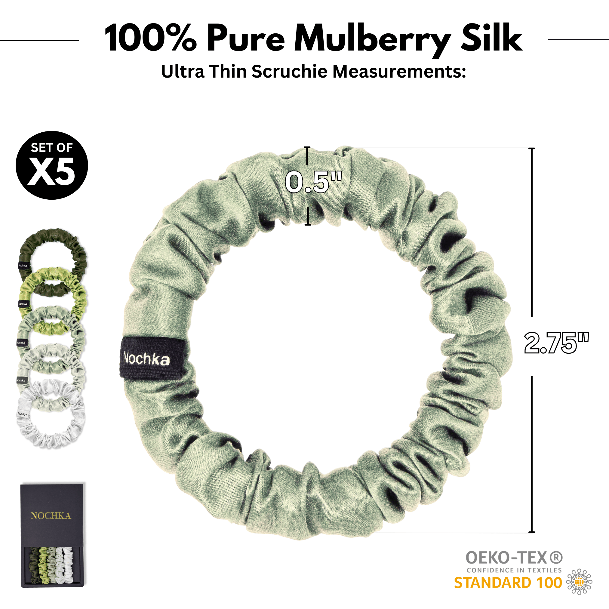 Avocado Shades Ultra - Skinny Silk Scrunchies (Set of 5) - NOCHKA
