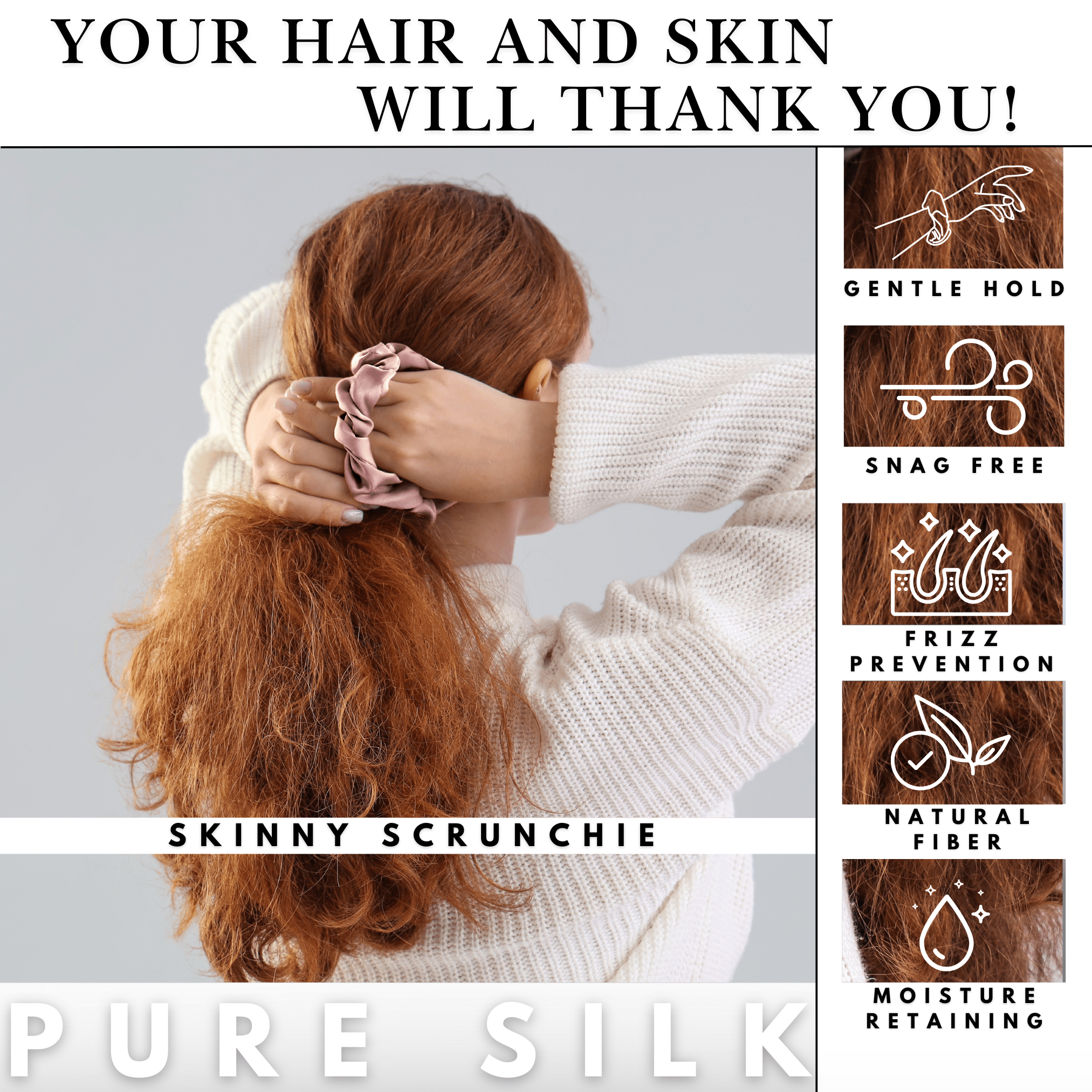 Baby Pink Skinny Scrunchie – 100% Pure Mulberry Silk, Perfect for All Hair Types - NOCHKA
