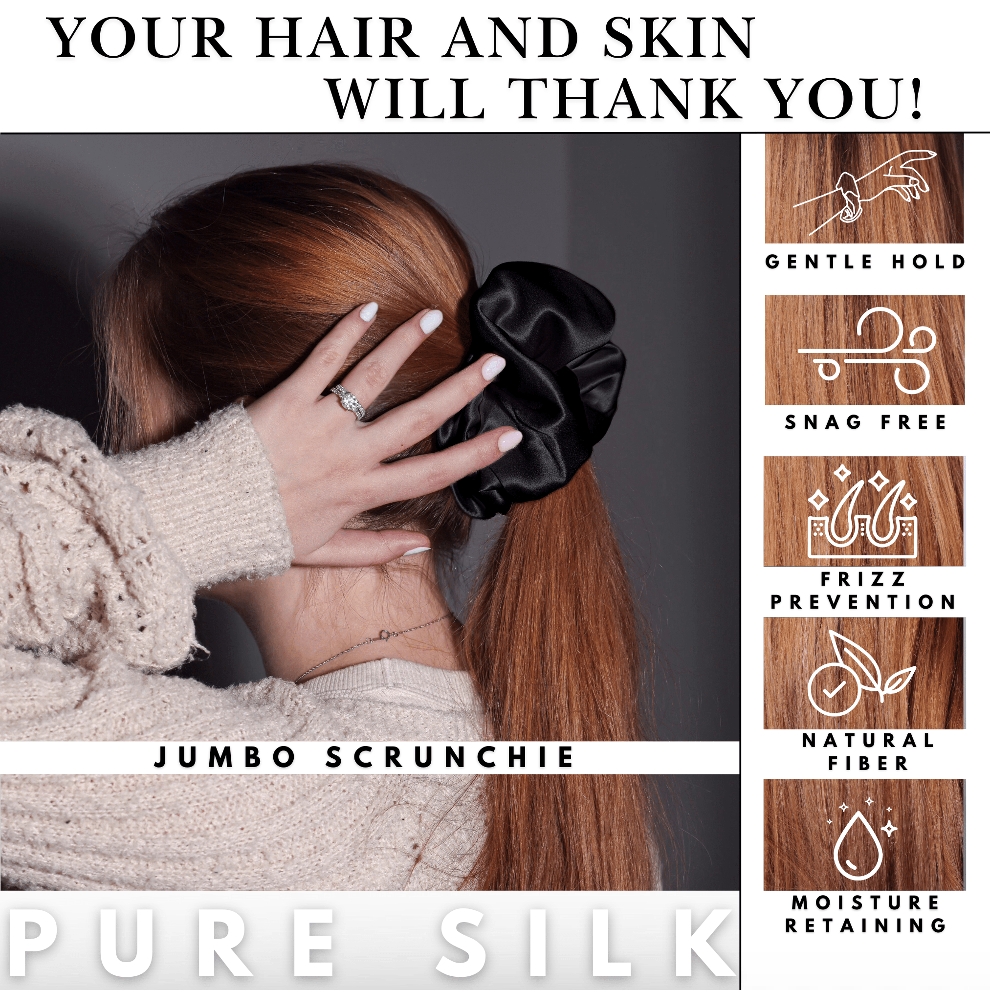 Black Jumbo Scrunchie – 100% Pure Mulberry Silk, Perfect for All Hair Types - NOCHKA

