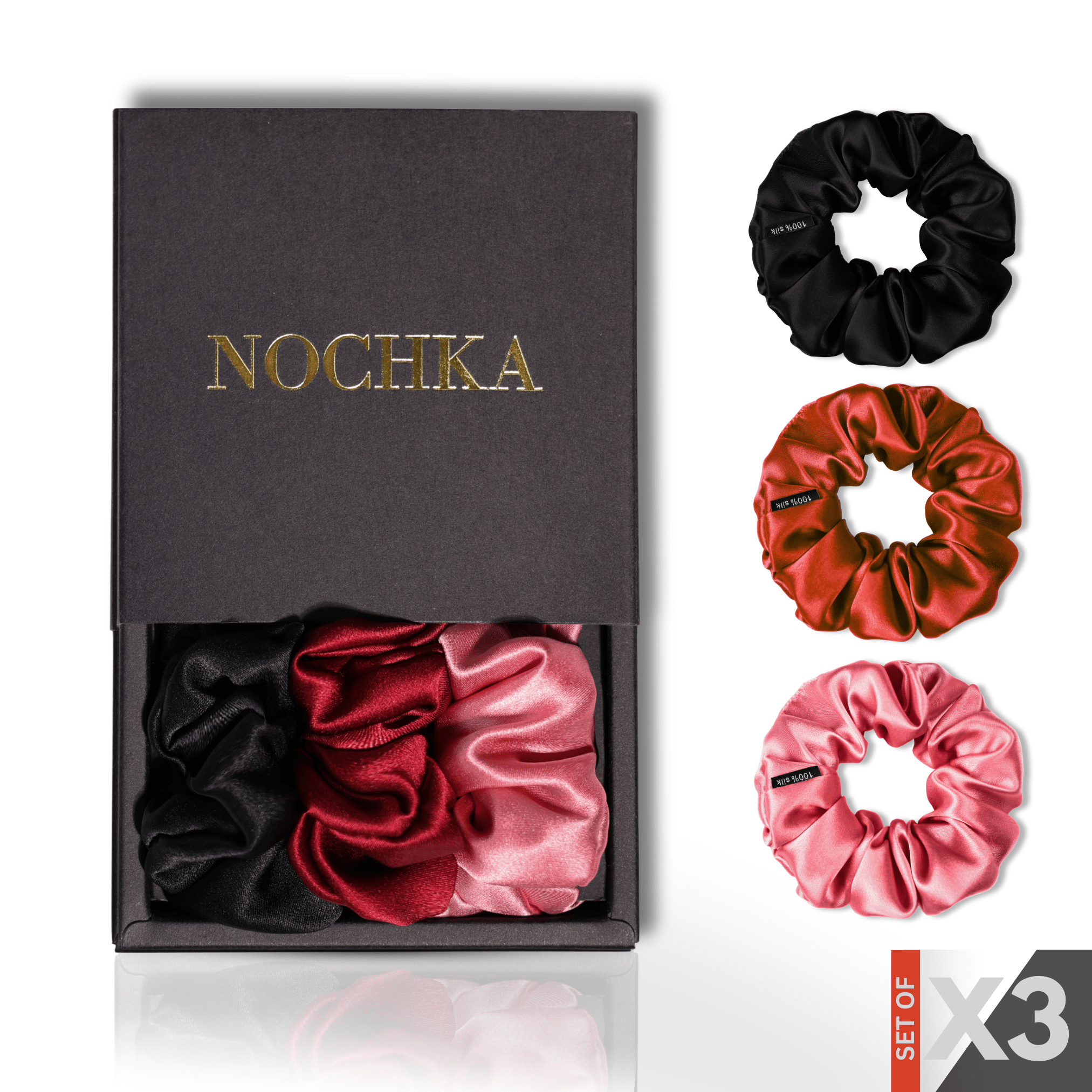 Black, Mahogany Red and Punch of 3 Skinny Mulberry Silk Scrunchies | 100% Silk - NOCHKA
