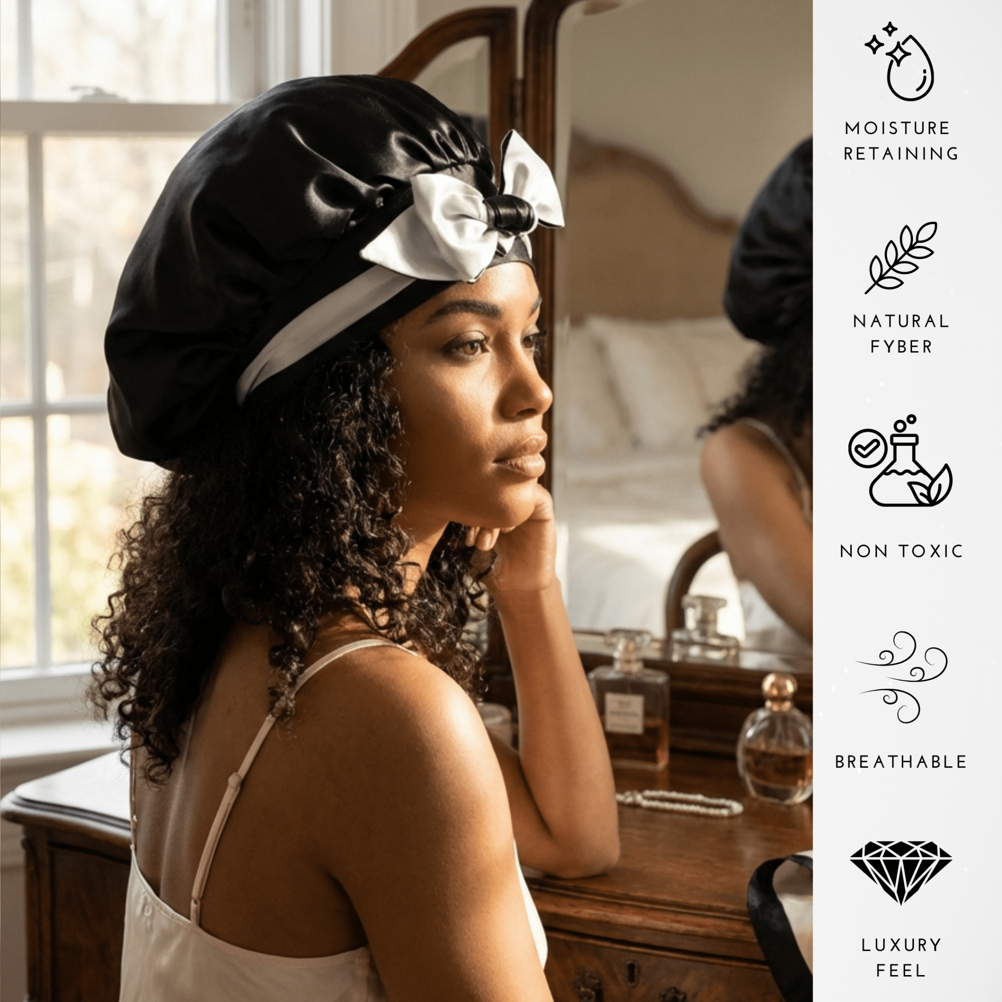 Black & Off - White Reversible Bonnet with Ties - NOCHKA
