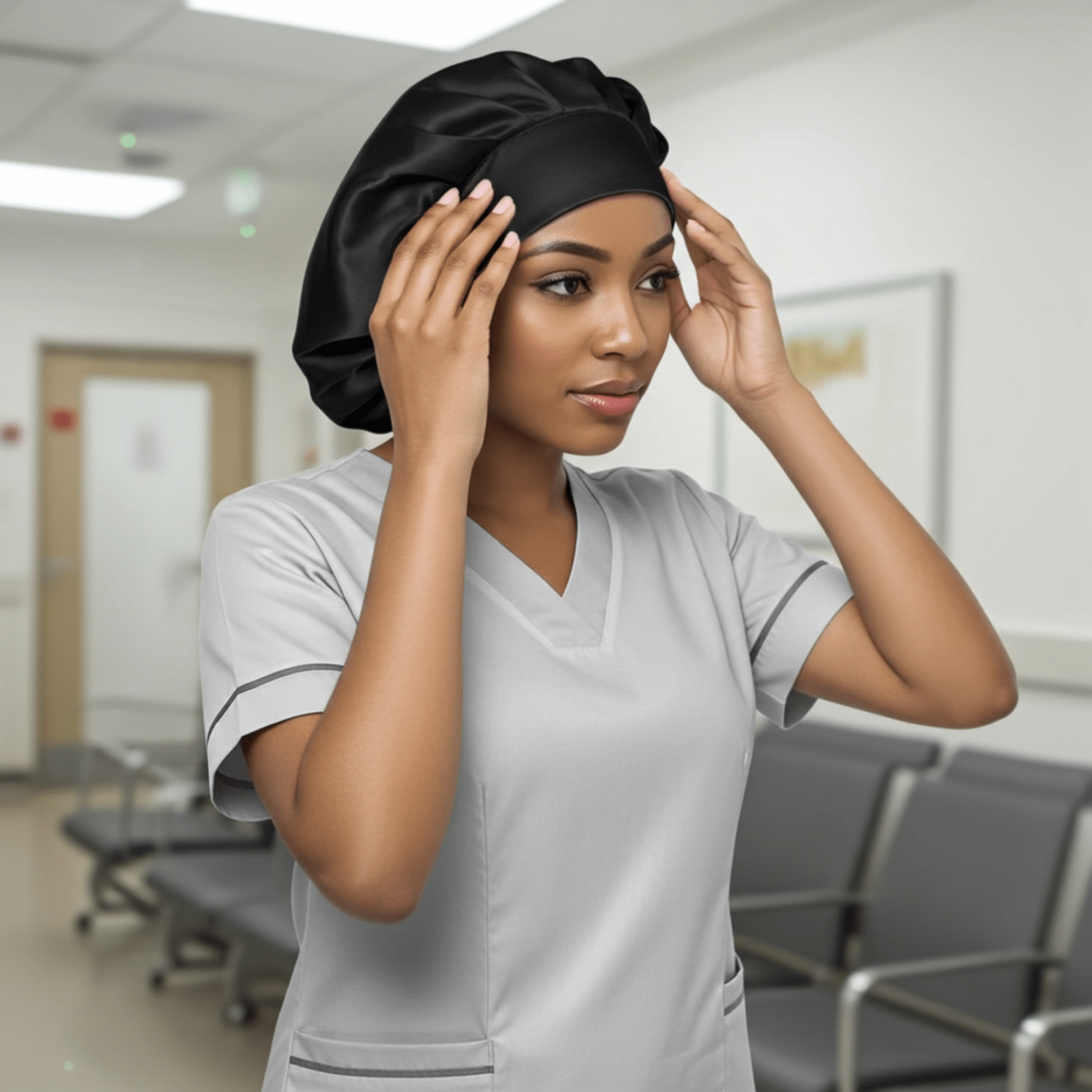 Black Pure Mulberry Silk Medical Bonnet – Reversible & Durable Black Pure Mulberry Silk Medical Bonnet – Reversible & Durable