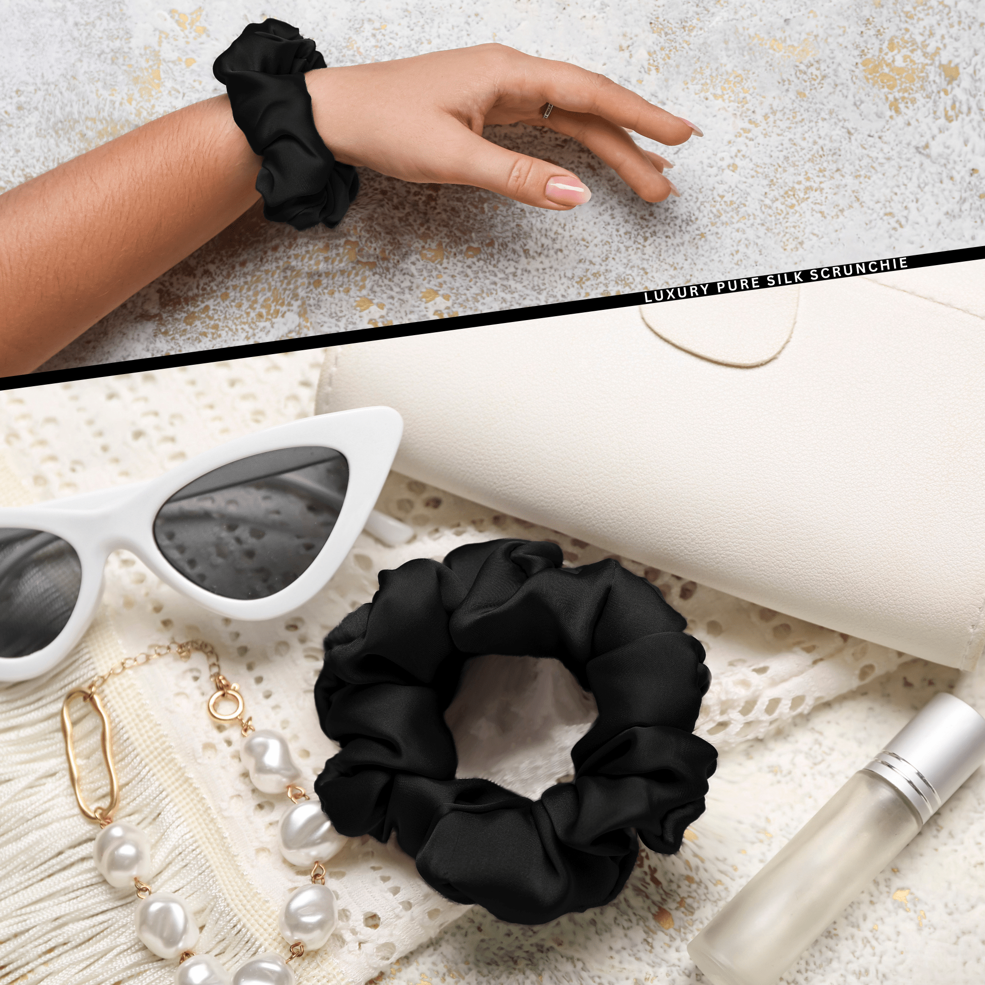 Black Skinny Scrunchie – 100% Pure Mulberry Silk, Perfect for All Hair Types - NOCHKA
