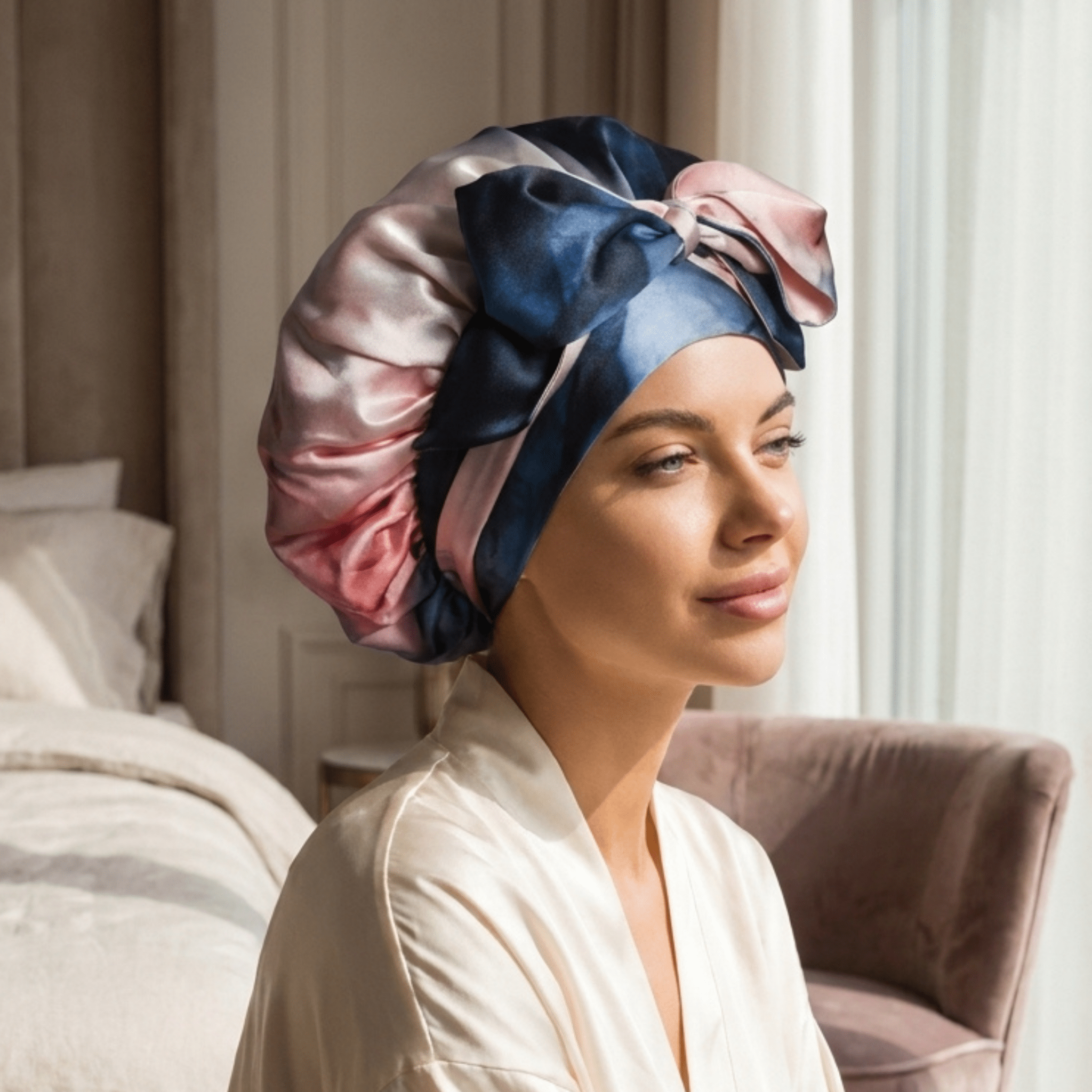 Blue & Blush Tie Dye Pure Mulberry Silk Bonnet – Reversible, Adjustable Fit with Silk Ties - NOCHKA
