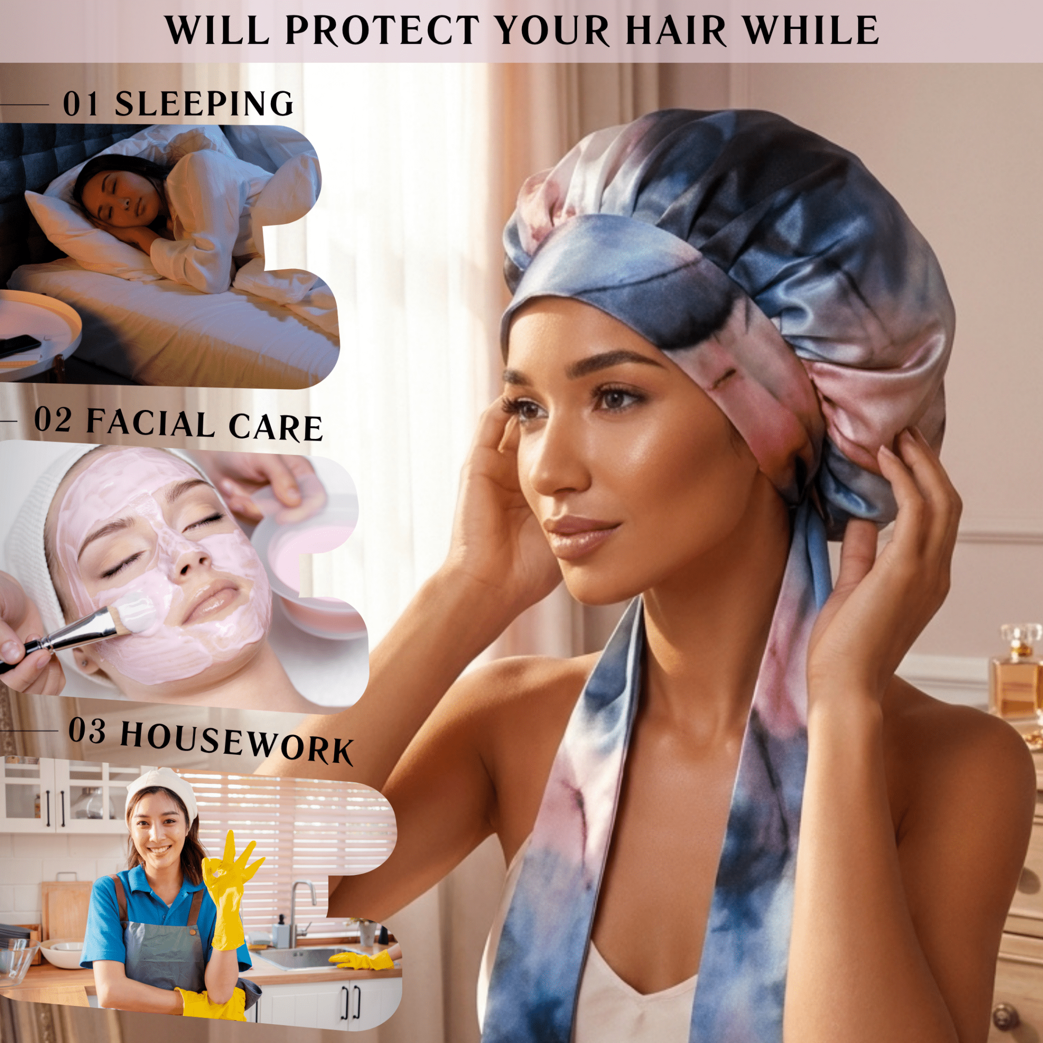 Blue & Blush Tie Dye Pure Mulberry Silk Bonnet – Reversible, Adjustable Fit with Silk Ties - NOCHKA
