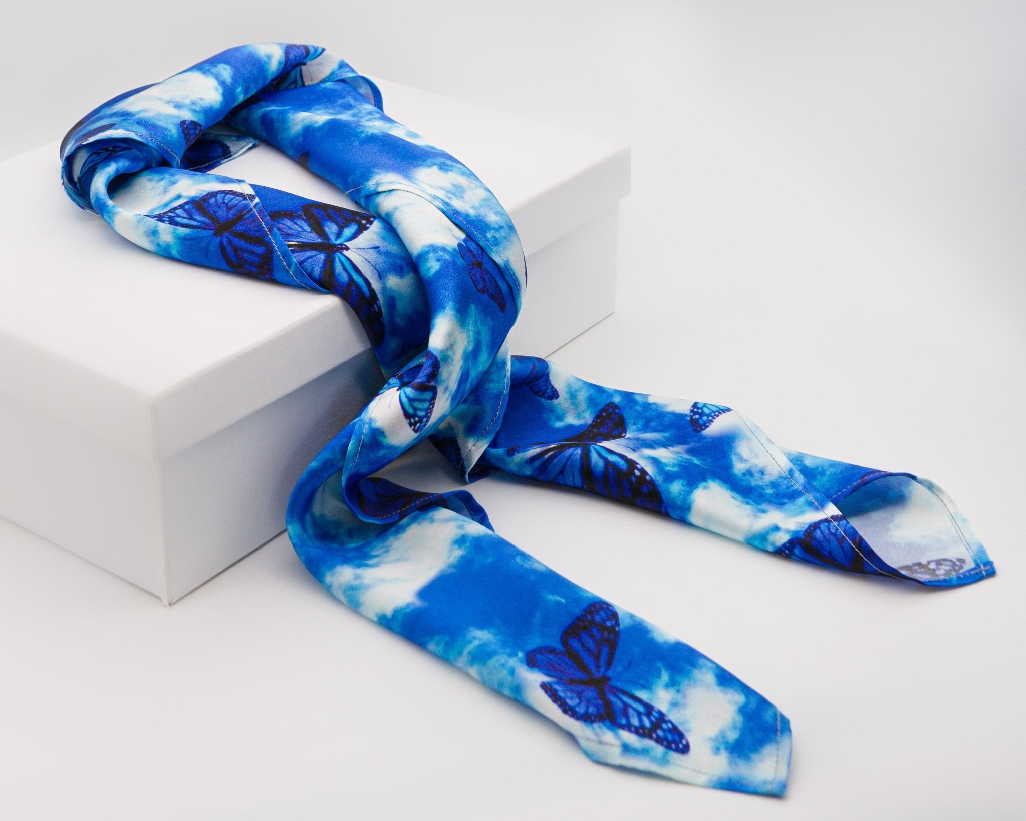 Blue Butterflies Mulbery Silk Square Scarf - NOCHKA
