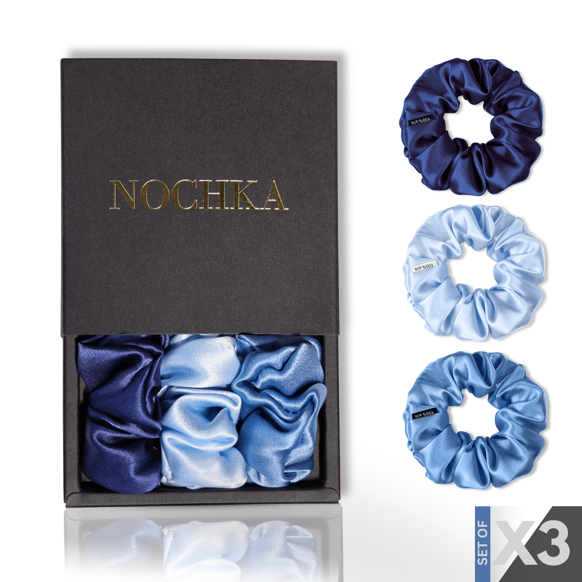 Blue Shades of 3 Skinny Mulberry Silk Scrunchies | 100% Silk - NOCHKA
