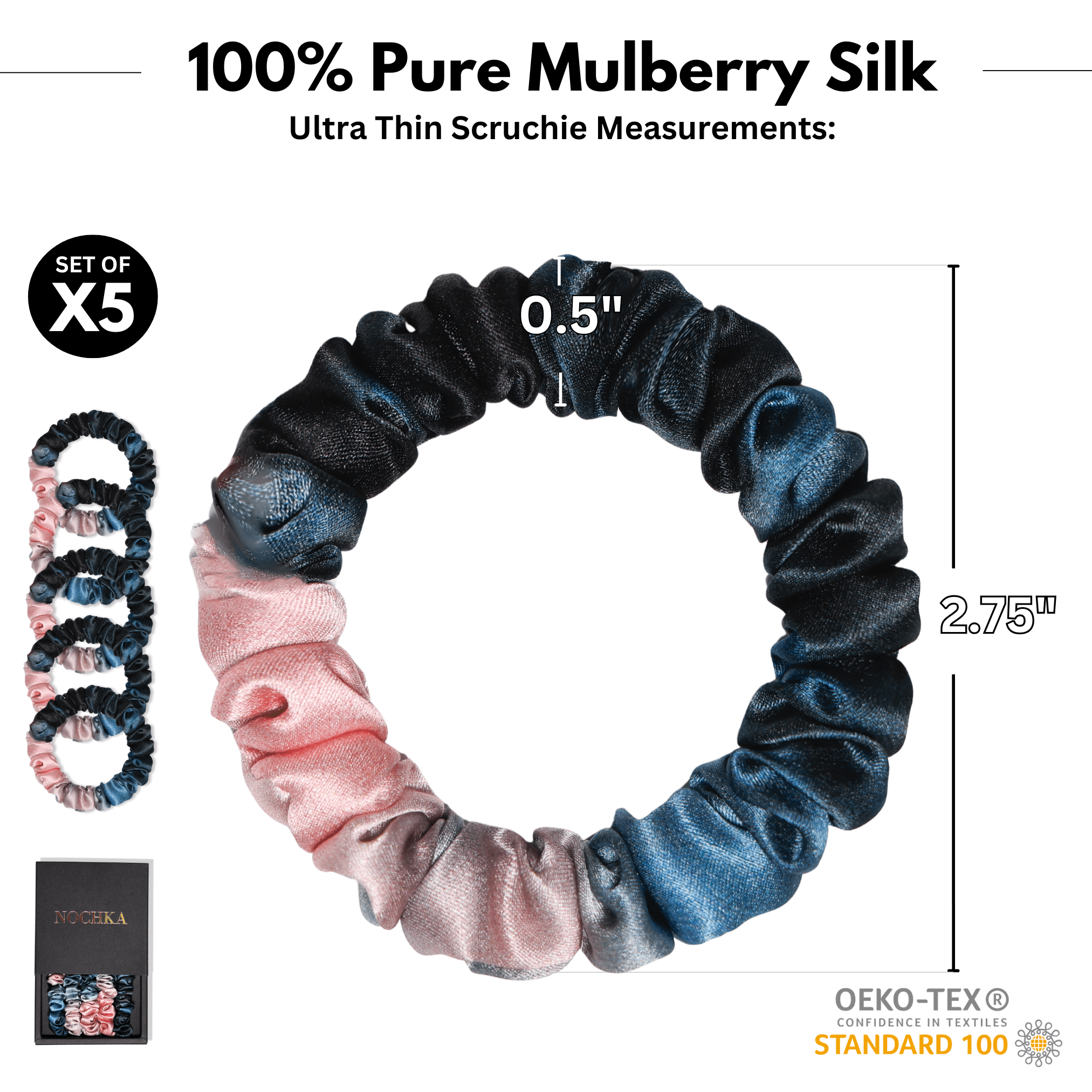 Blush and Blue Tie - dye Ultra - Skinny Silk Scrunchies (Set of 5) - NOCHKA
