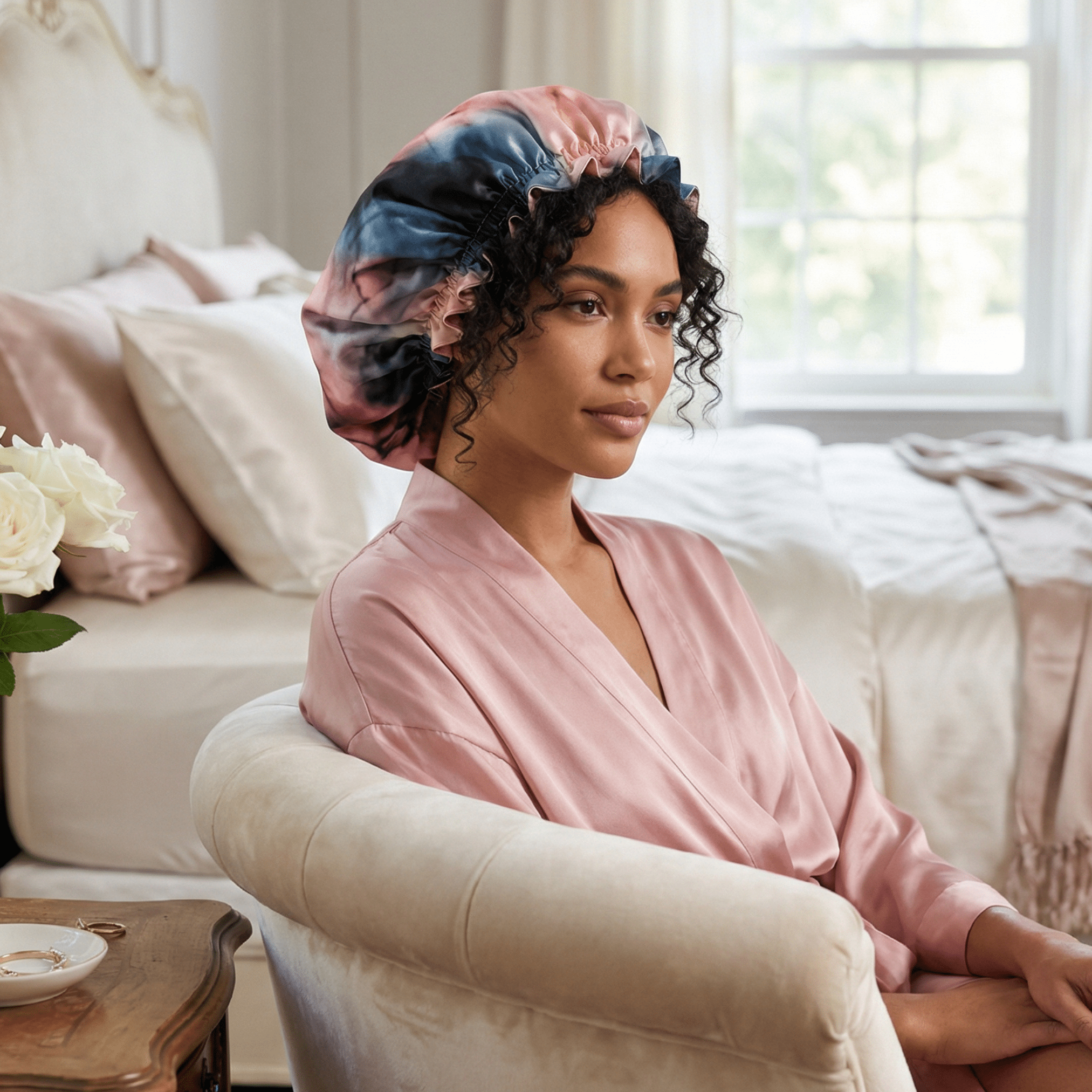 Blushing Blue Tie Dye Pure Mulberry Silk Bonnet – Reversible & Durable - NOCHKA
