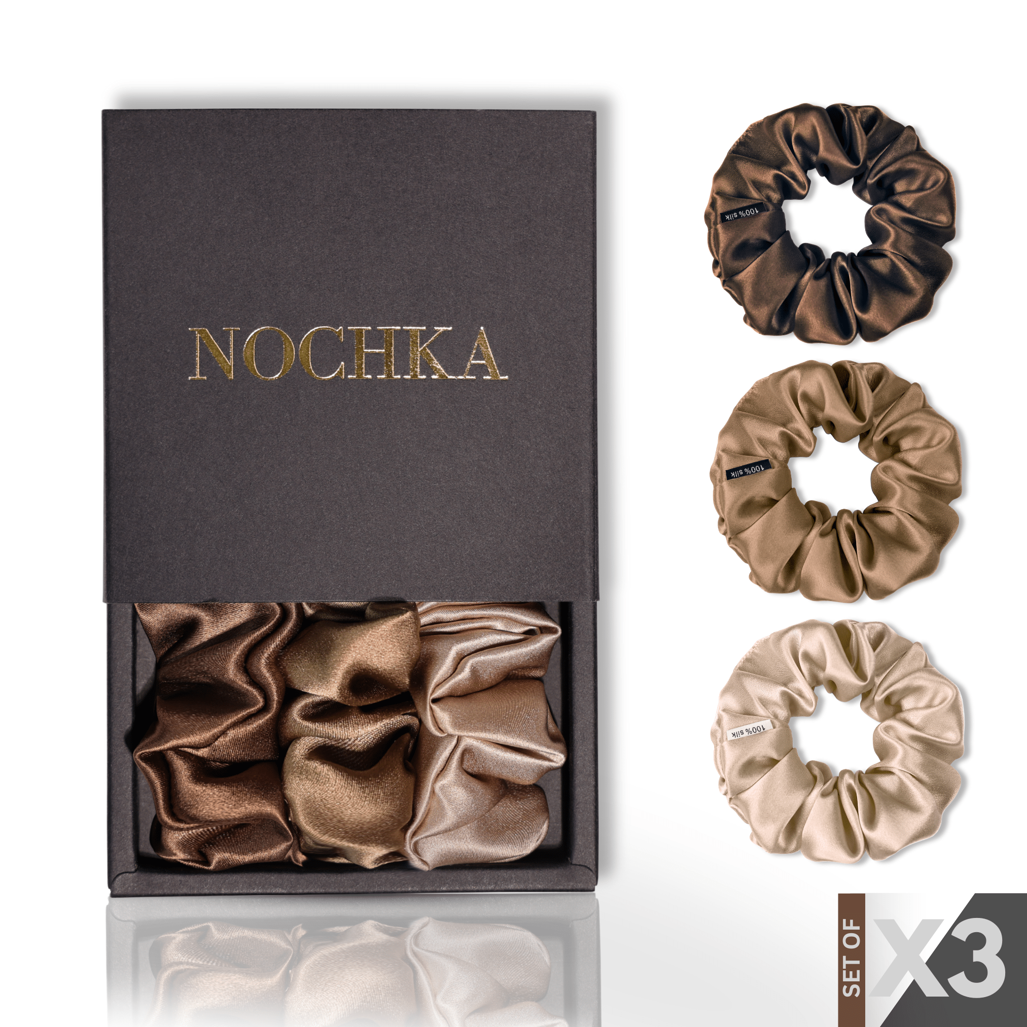 Brunette Shades of 3 Skinny Mulberry Silk Scrunchies | 100% Silk - NOCHKA

