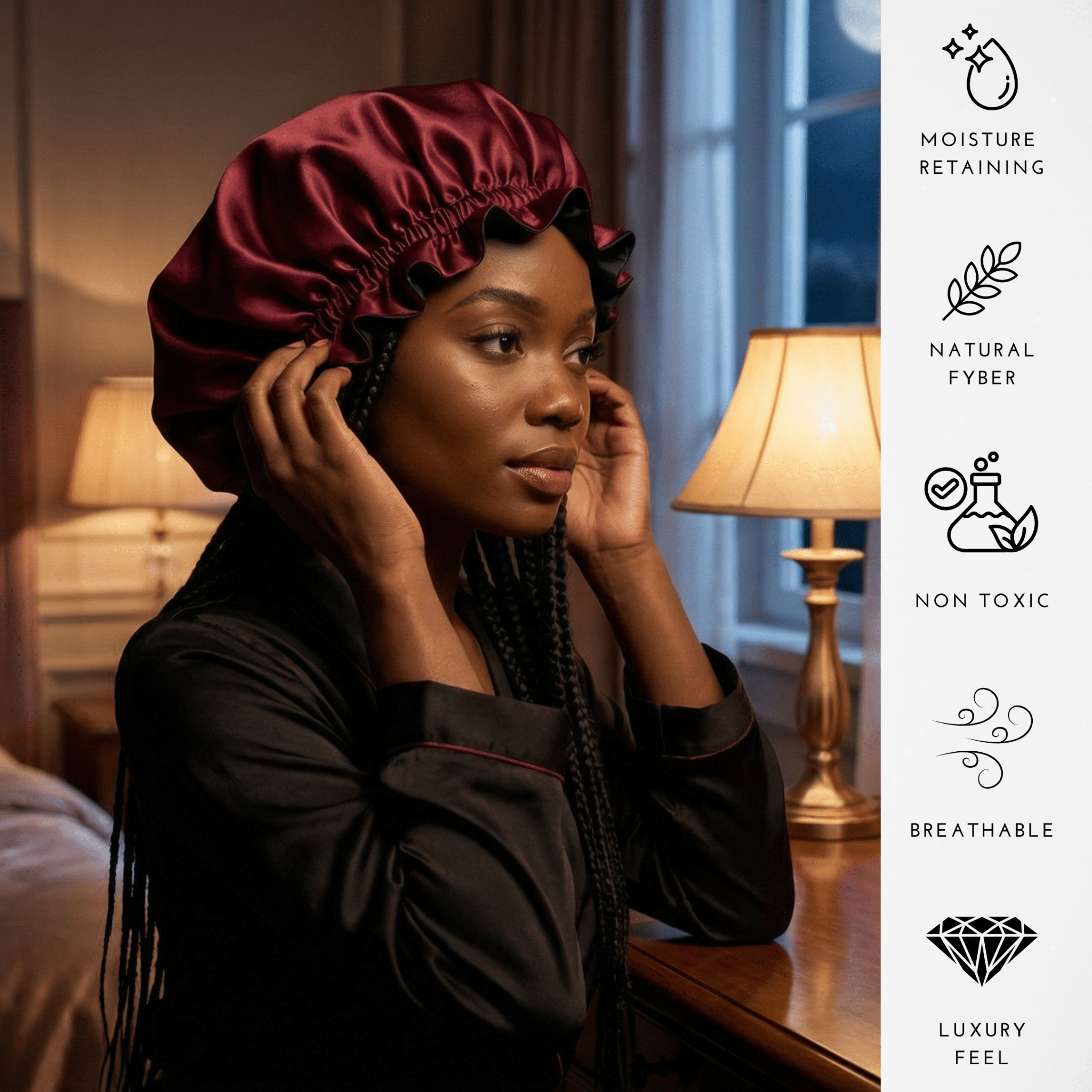 Cabernet & Black Pure Mulberry Silk Bonnet – Reversible & Durable - NOCHKA

