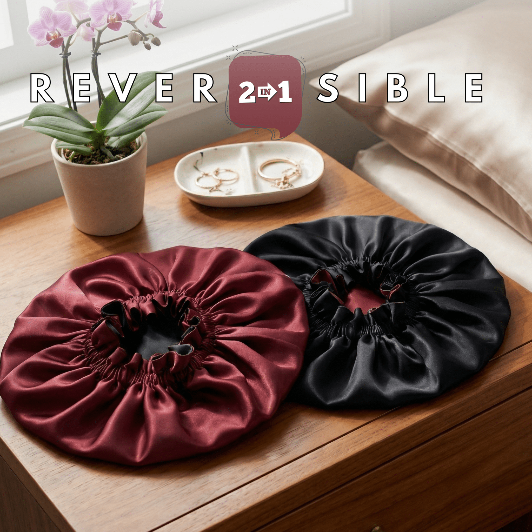 Cabernet & Black Pure Mulberry Silk Bonnet – Reversible & Durable - NOCHKA
