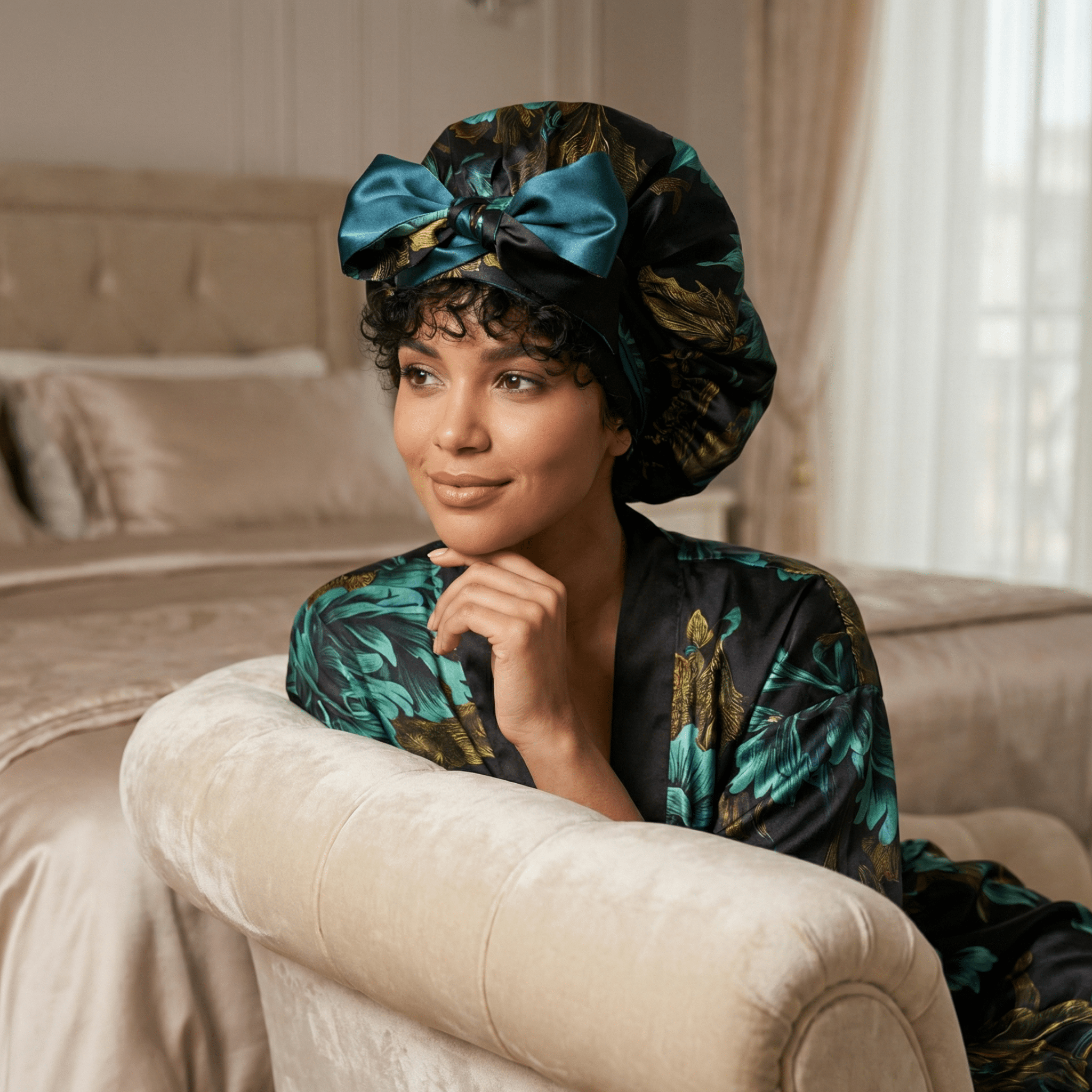 Chrysanthemum Print Pure Mulberry Silk Bonnet – Reversible, Adjustable Fit with Silk Ties - NOCHKA
