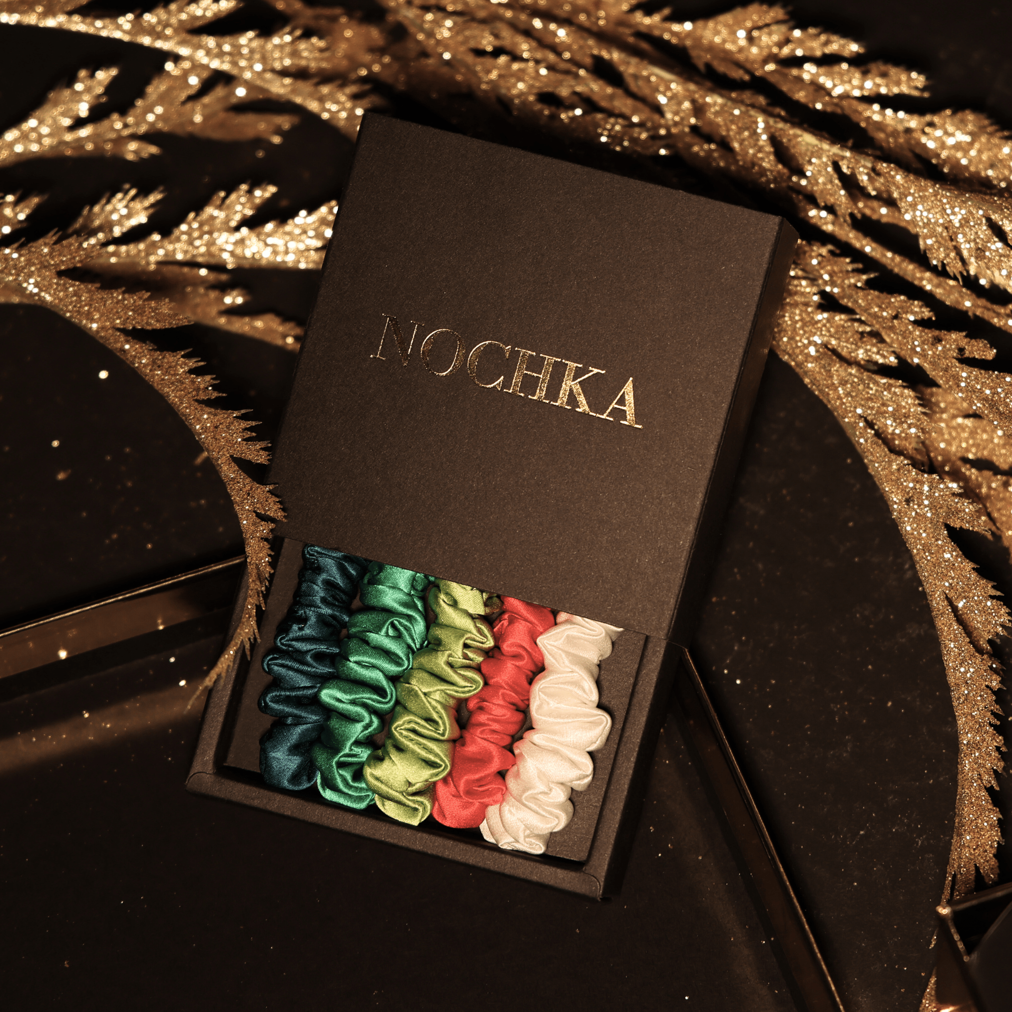 Classic Christmas Shades Ultra - Skinny Silk Scrunchies (Set of 5) - NOCHKA
