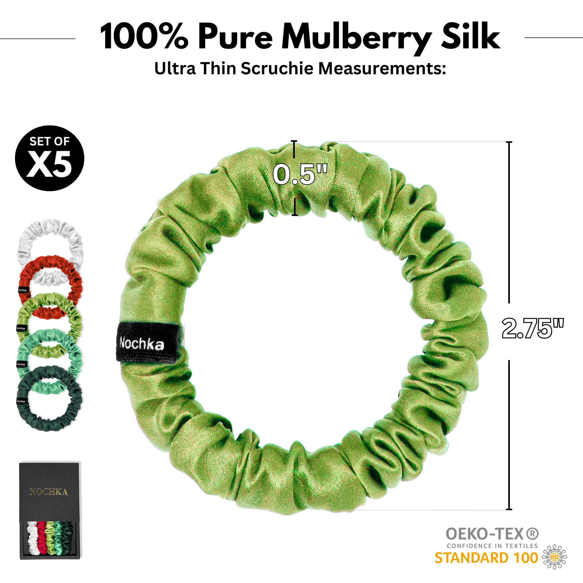Classic Christmas Shades Ultra - Skinny Silk Scrunchies (Set of 5) - NOCHKA
