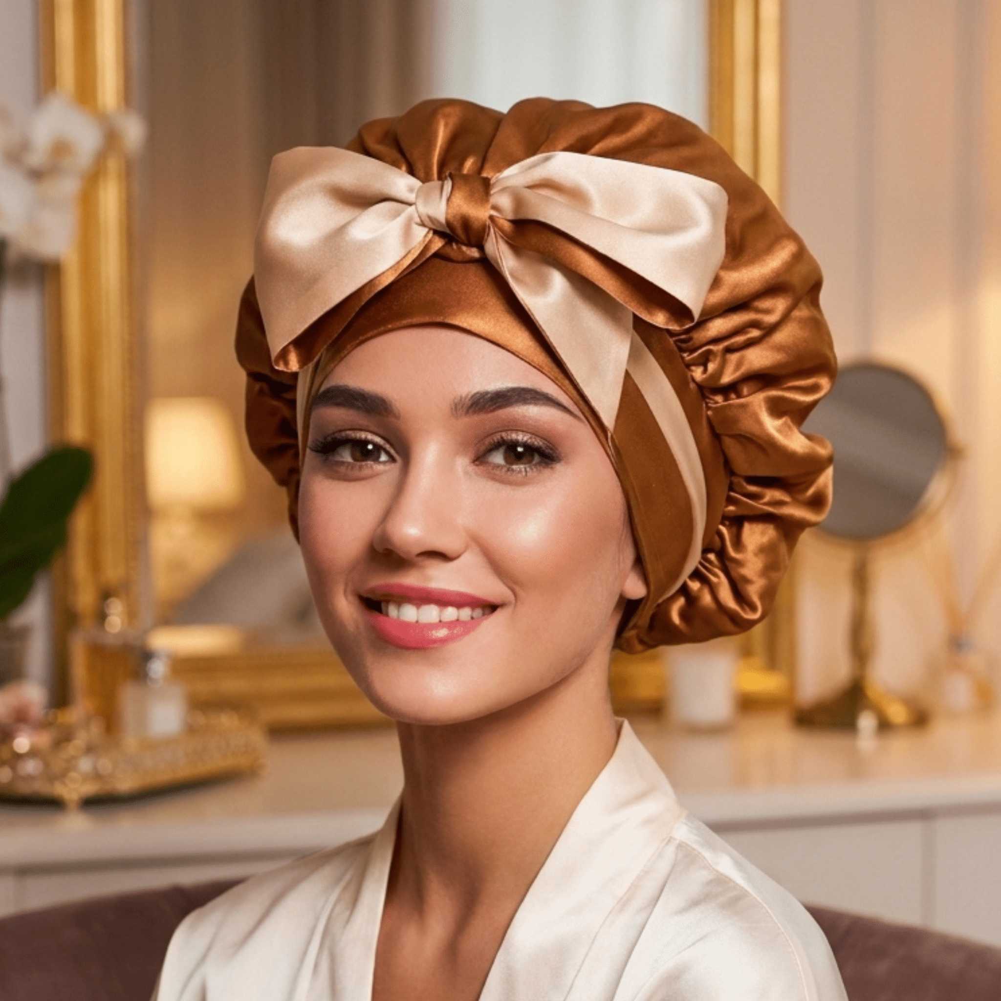 Copper Pure Mulberry Silk Bonnet – Reversible, Adjustable Fit with Silk Ties - NOCHKA
