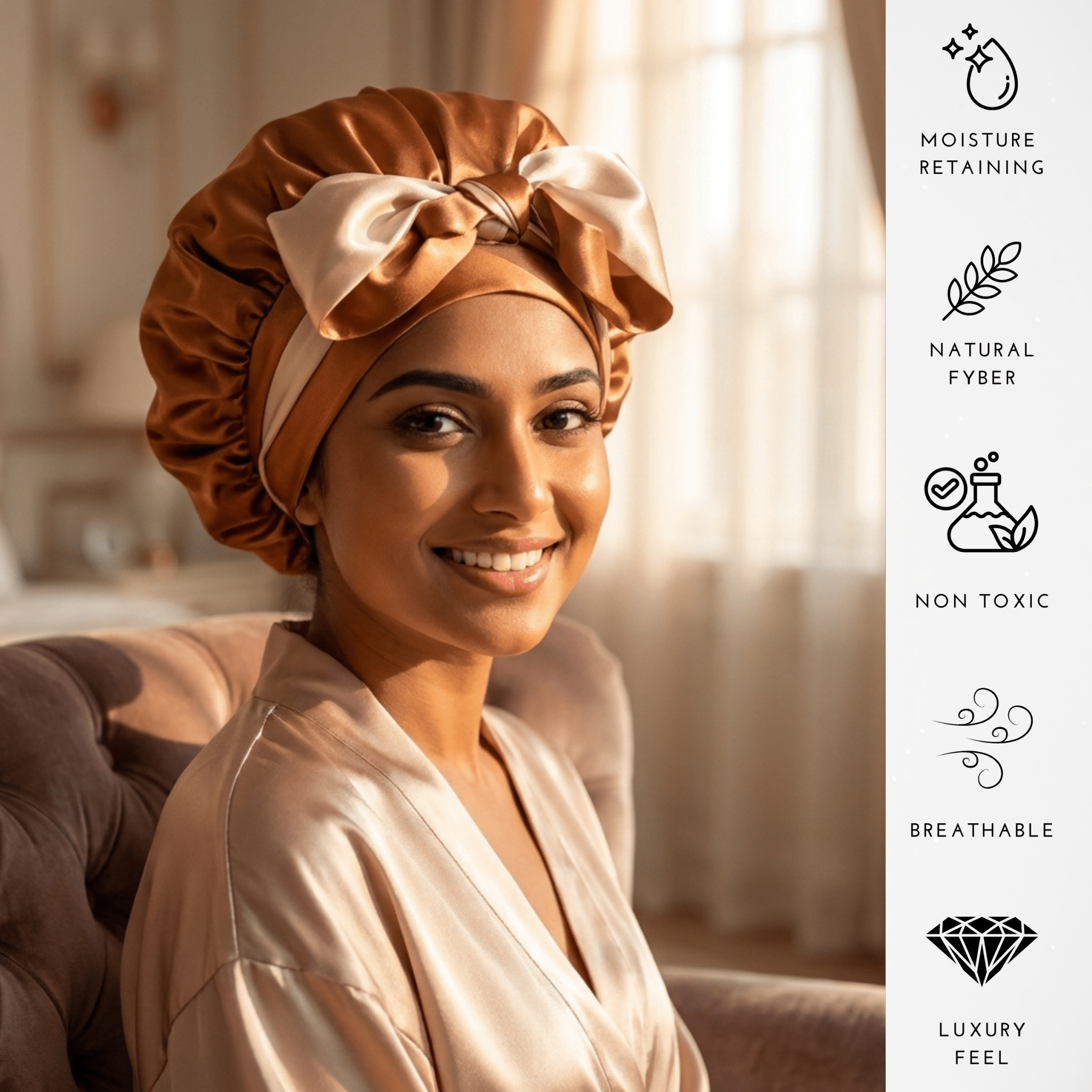 Copper Pure Mulberry Silk Bonnet – Reversible, Adjustable Fit with Silk Ties - NOCHKA
