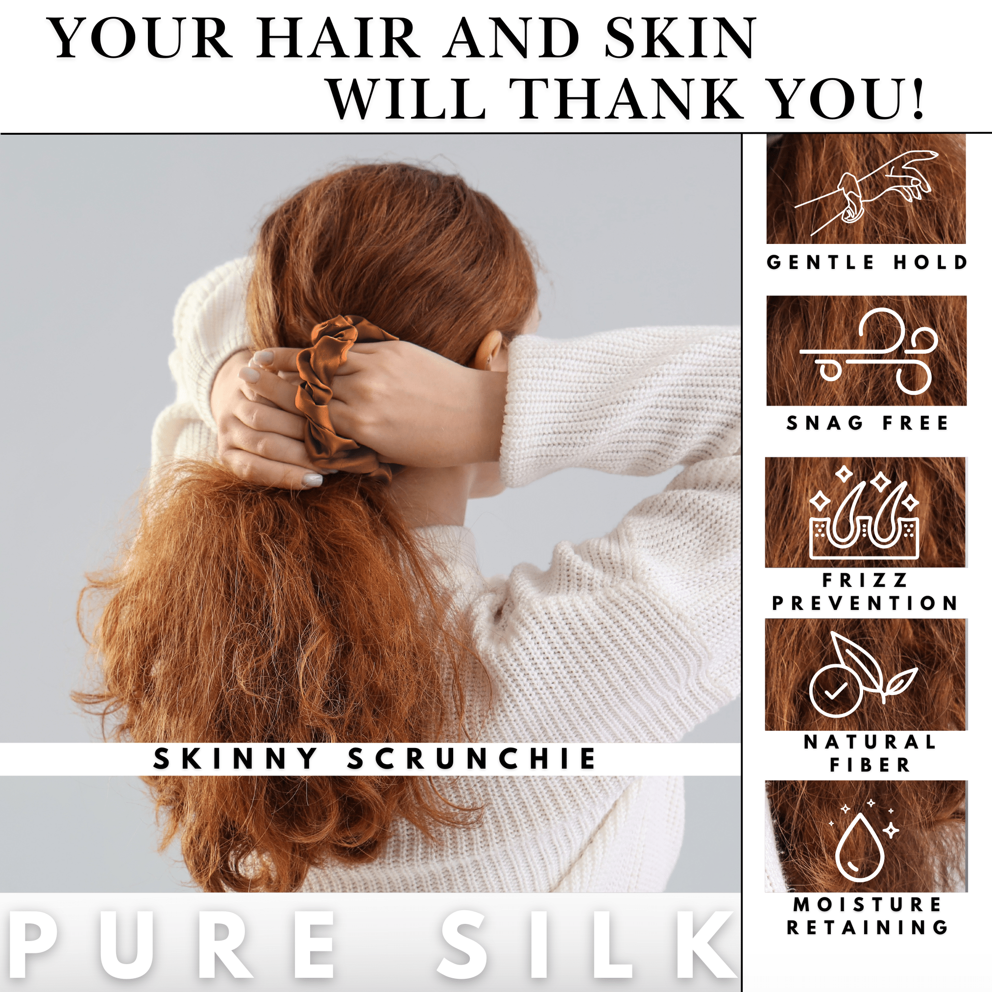 Copper Skinny Scrunchie – 100% Pure Mulberry Silk, Perfect for All Hair Types - NOCHKA
