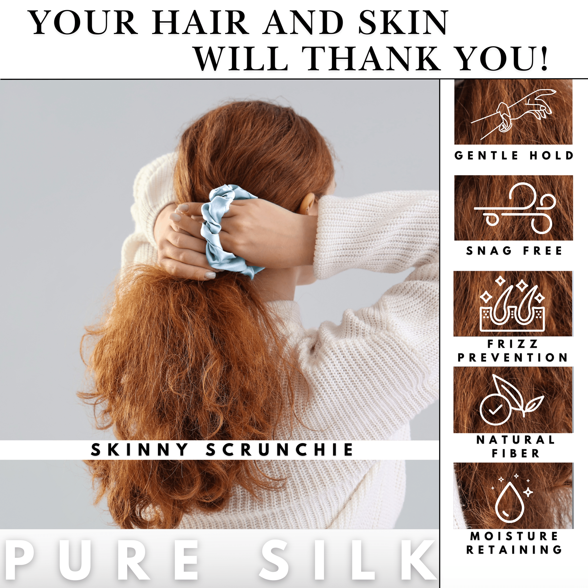 Coronet Blue Skinny Scrunchie – 100% Pure Mulberry Silk, Perfect for All Hair Types - NOCHKA
