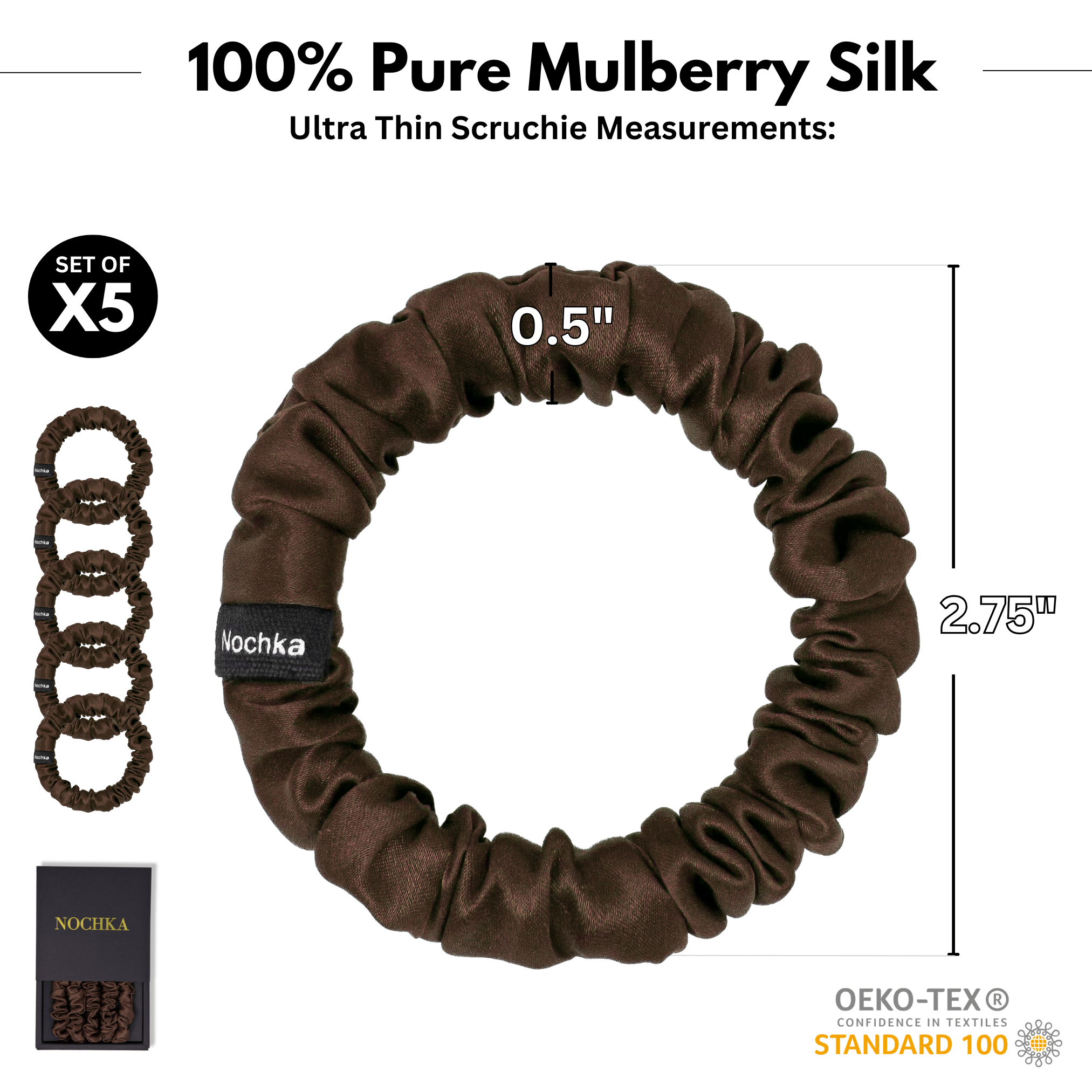 Dark Brown Ultra - Skinny Silk Scrunchies (Set of 5) - NOCHKA
