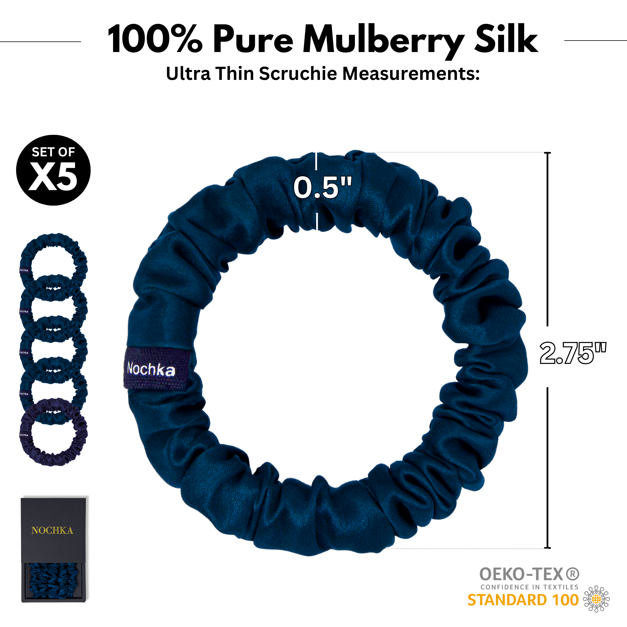 Deep Blue Ultra - Skinny Silk Scrunchies (Set of 5) - NOCHKA
